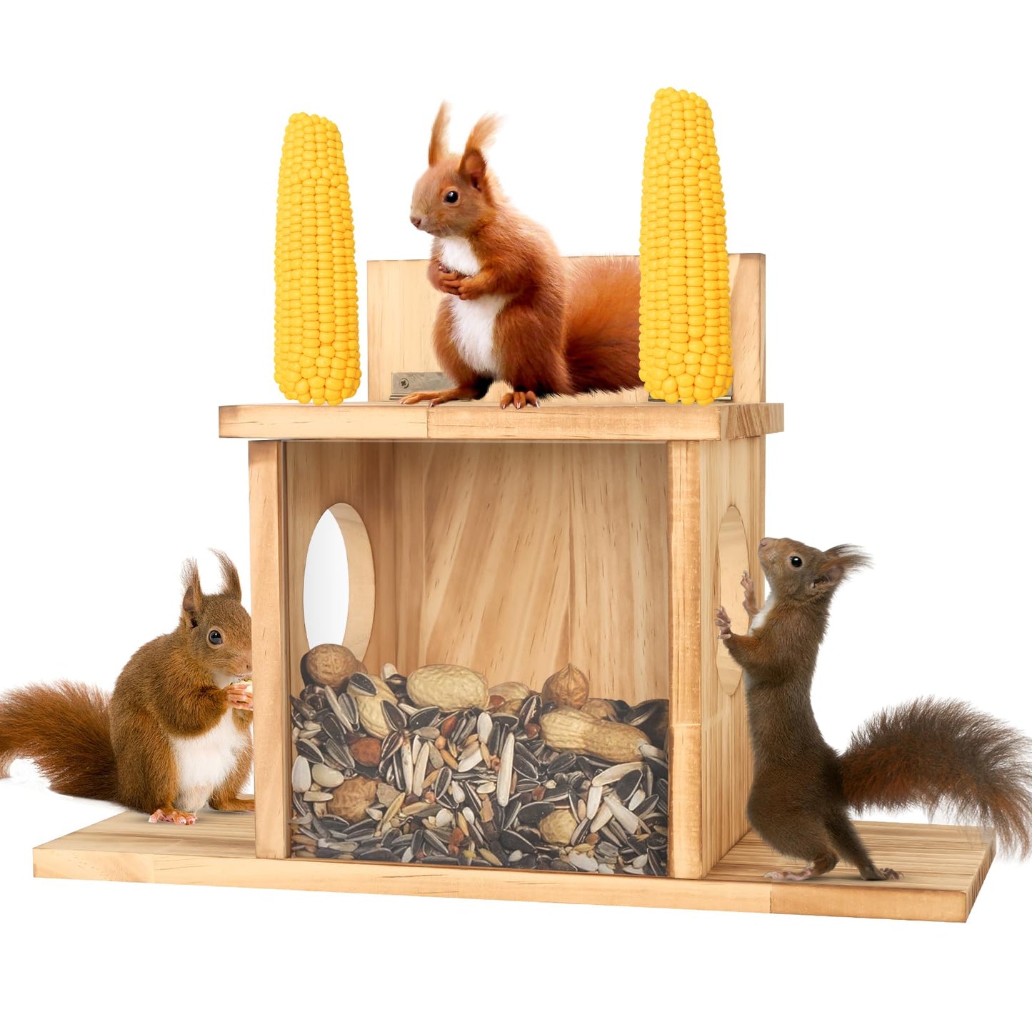 Wood Squirrel Feeder, Squirrel Feeders for Outside Winter, Wooden Chipmunk Feeder Waterproof for Corn, Peanuts, Durable Box Easy to Fill with Removable Front Panel