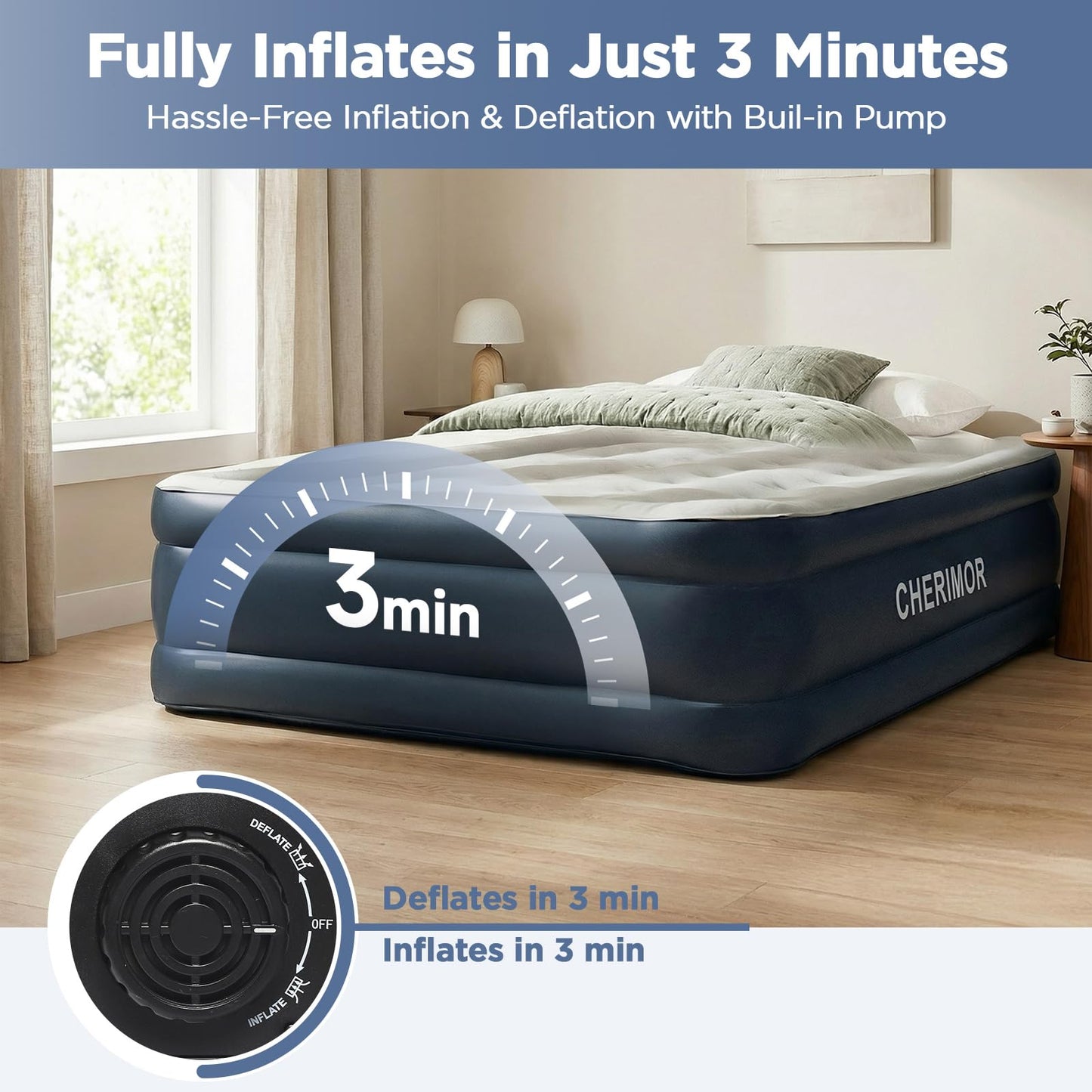 CHERIMOR Queen Air Mattress with Built in Pump, 18" Elevated Height, 48Hr Leak-Tested, Honeycomb Coil Support, 800 lbs Capacity, Fast 3-Min Inflation Blow Up Mattress for Guest Room & Sleepover