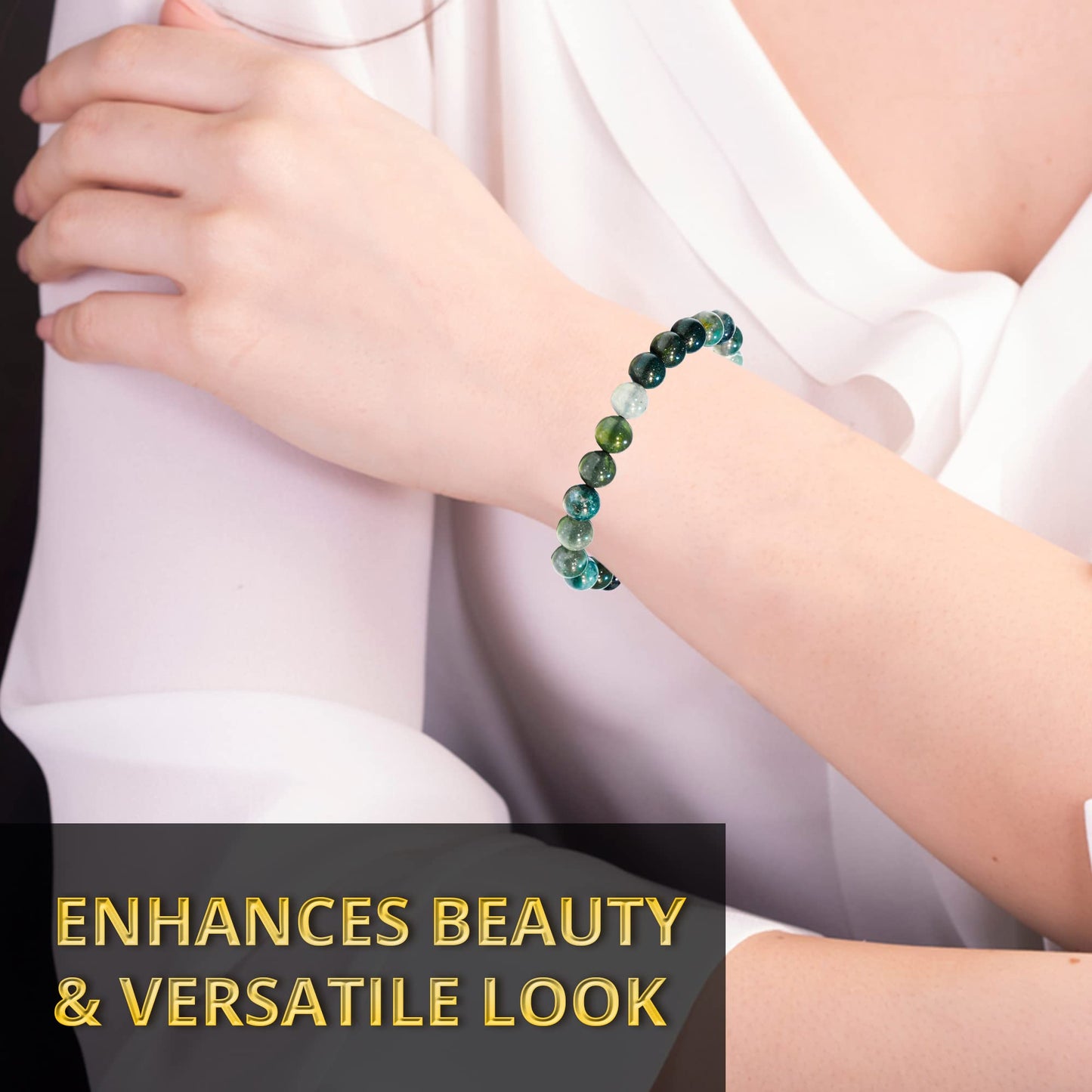 ANAYA AGATE Moss Agate Bracelet, Healing Crystal Bracelet for Women and Men, 8mm Round Beaded Bracelet for Spiritual Healing, Protection, Positive Energy, Elastic Adjustable Size Gemstone Bead Bracelet