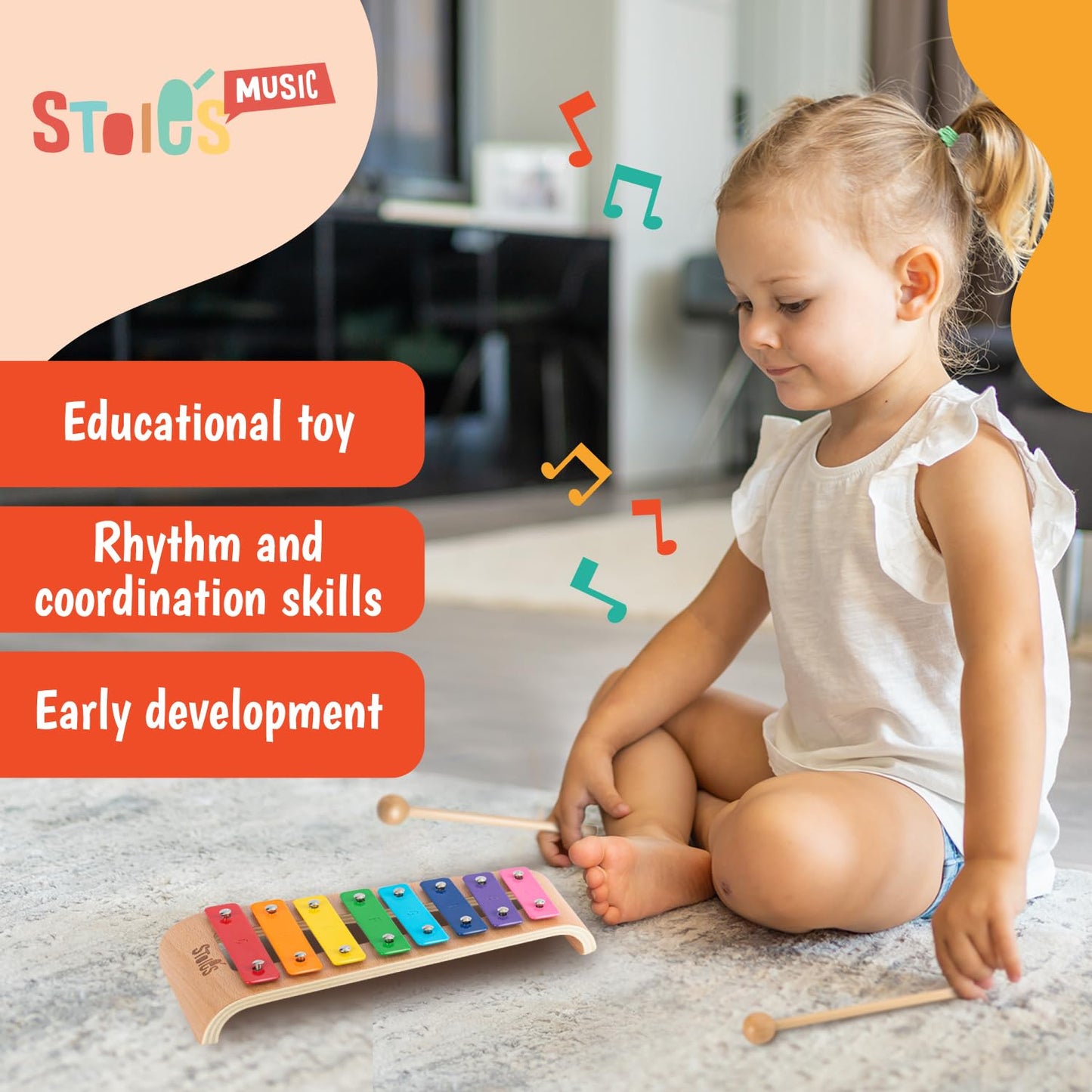 Stoie's Wooden Xylophone for Kids and Toddlers, Curved Design, 8 Notes of Rainbow Color, Tuned C-Key Xylophone with Mallets, Music Songbook, Kids Musical Instrument Educational Montessori Toys