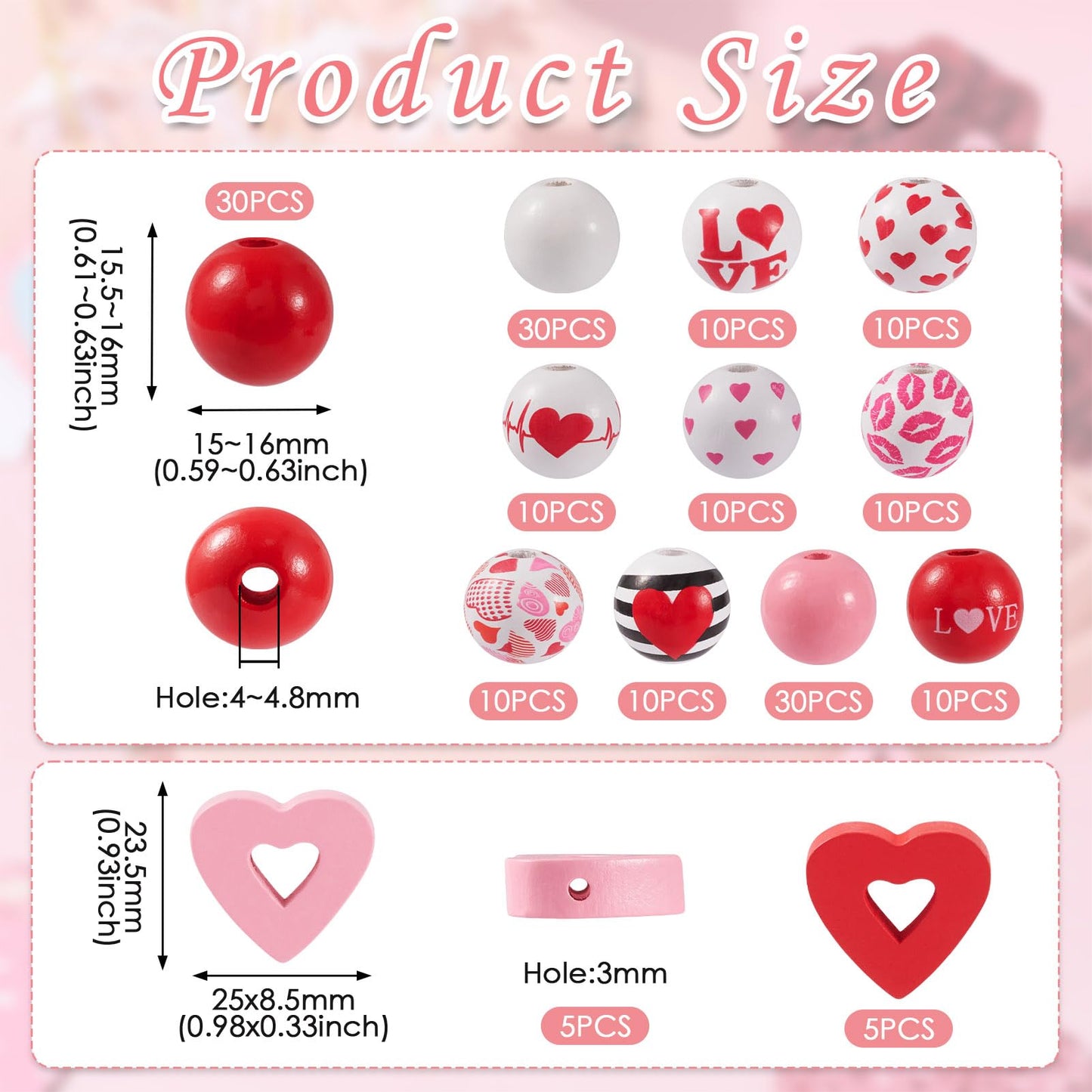 Beadthoven 180pcs Heart Wooden Beads 16 mm Round Wooden Craft Beads DIY Valentine’s Day Beads Natural Loose Spacers Handmade Red Pink Tassel Garland Beads for DIY Crafts Party Jewelry Making Supplies