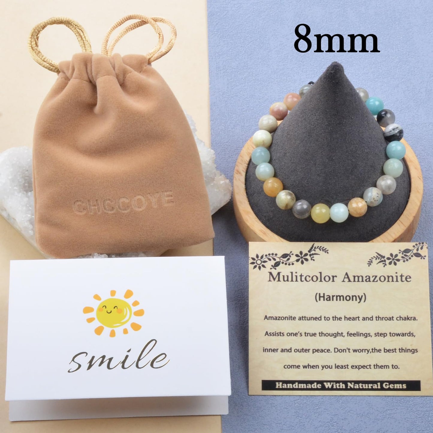 CHCCOYE 8mm Handmade Adjustable Natural Gemstone Crystal Bracelet Healing Power Energy Inspirational Gifts with Card for Unisex (Mulitcolor Amazonite)