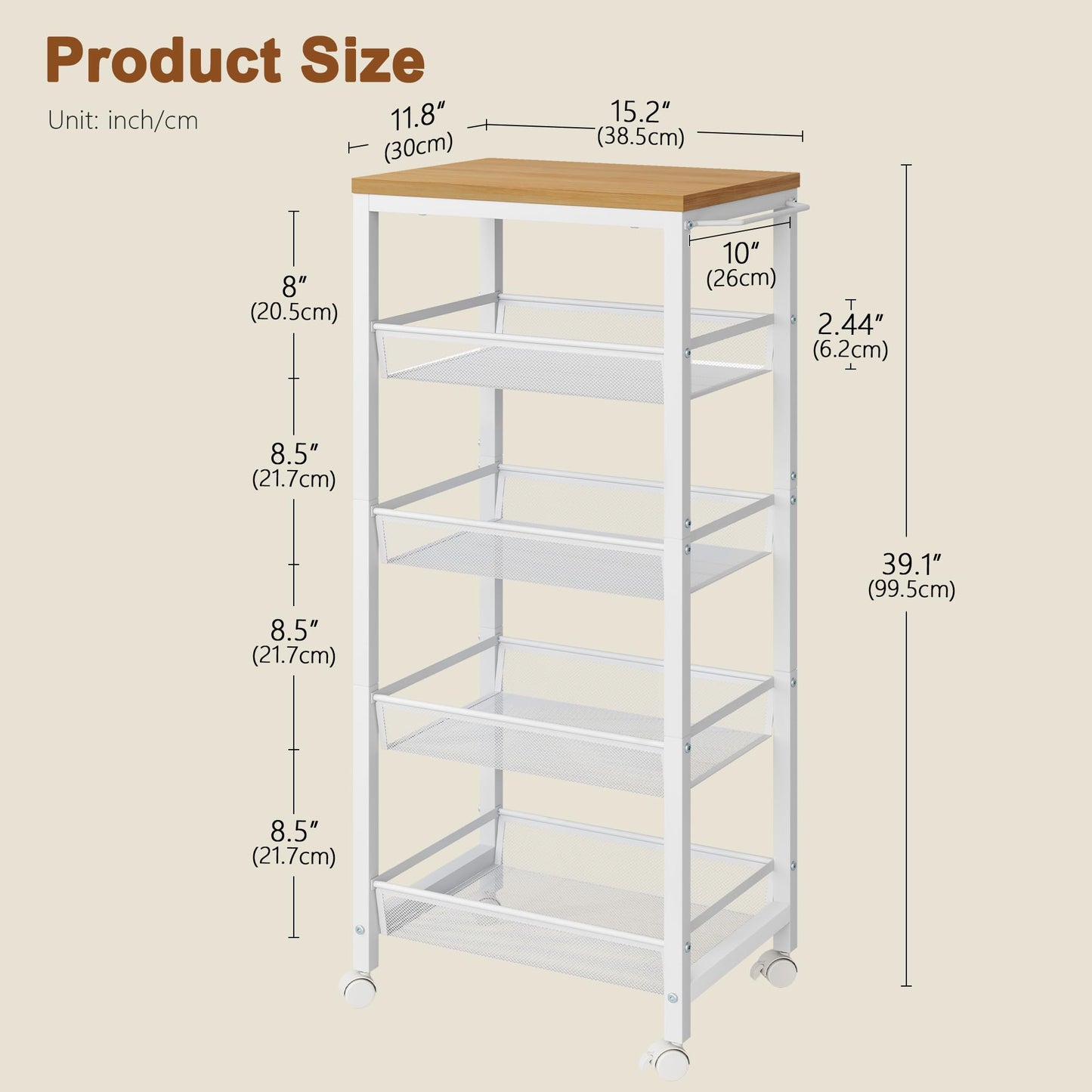 Hoctieon Rolling Storage Cart, 5-Tier 11.8" Wide Rolling Kitchen Storage Cart, Utility Cart with Handle & Wheels, Mobile Shelving Unit, Metal Frame Narrow Cart for Home Kitchen, Laundry, Oak Beige