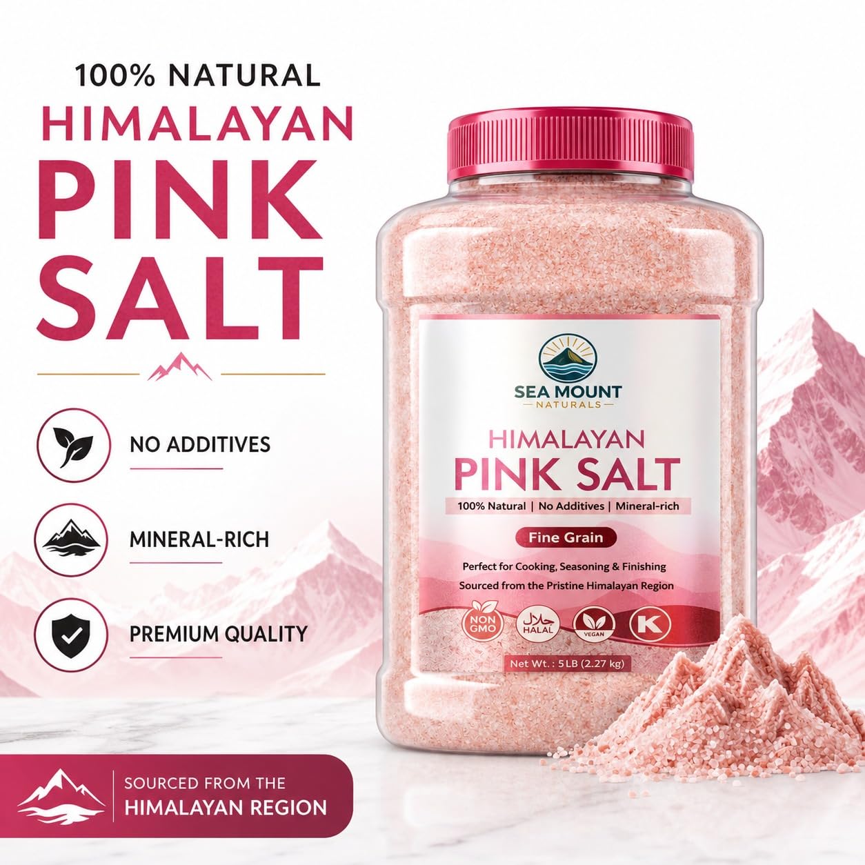 Himalayan Pink Salt Fine Grain 80oz (5 Pound), Kosher Certified, Non-GMO, Pure Mineral-Rich Pink Himalayan Sea Salt, For Cooking, Seasoning, Baking & Table Salt - Sea Mount Naturals