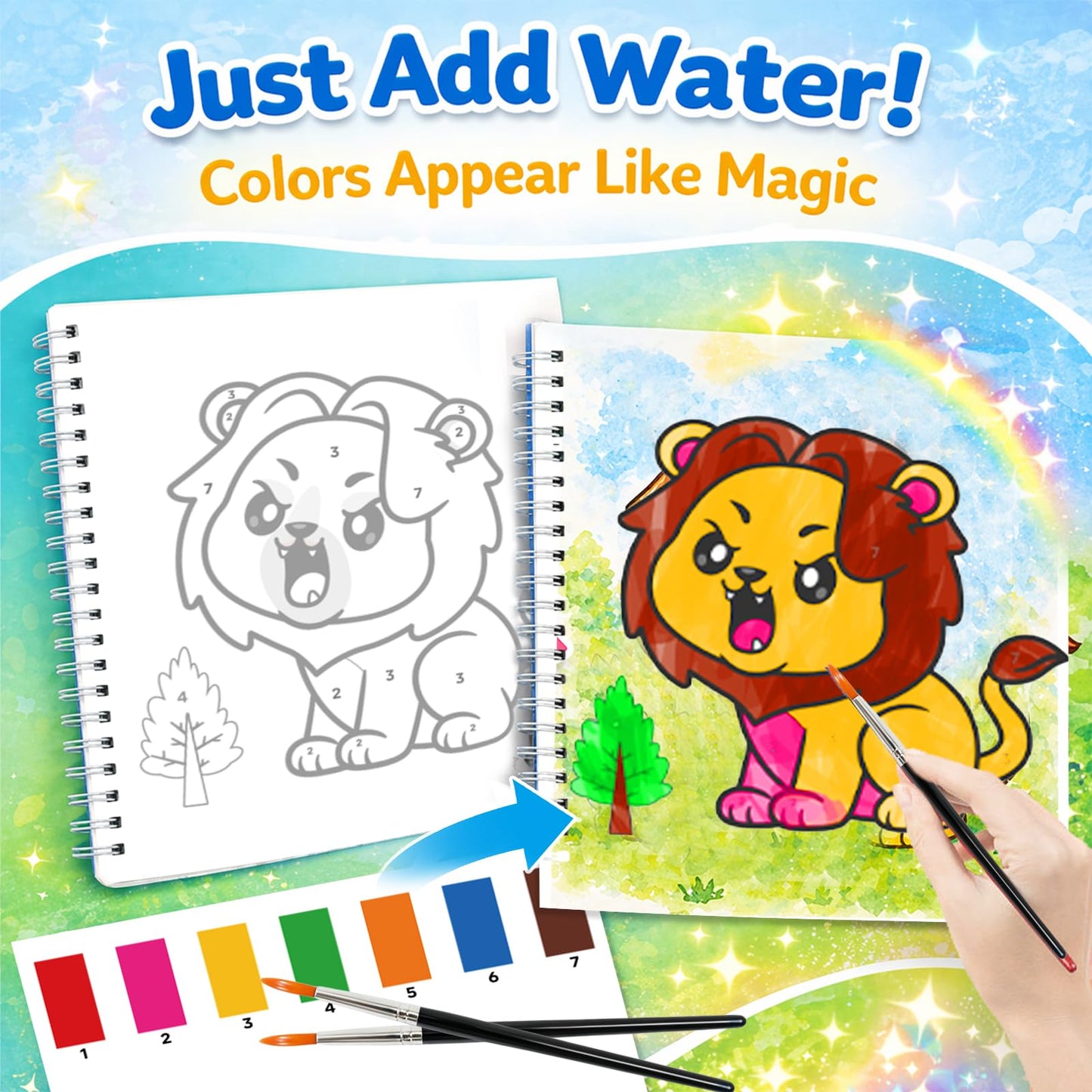 Water Coloring Books for Kids Ages 4-10, 2 Pack Paint by Sticker Activity Book, 20 Designs, Mess-Free Coloring with Built-in Paint & Brush, Travel Toys Gift