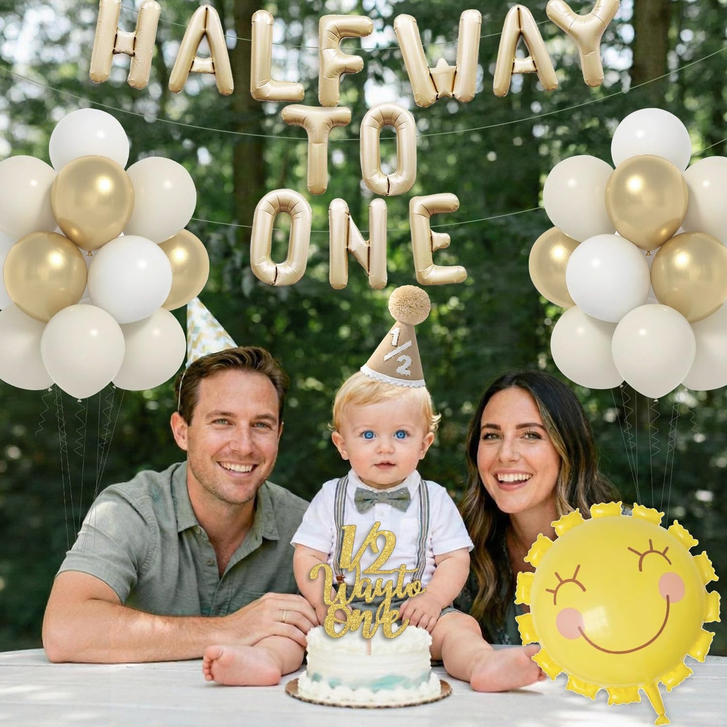 Half Birthday Decorations for Baby Girl - Khaki 1/2 Birthday Hat, Half Way to One Balloon Banner, Gold and White Balloons, 1/2 Cake Topper, Sun Balloons, 6 Months Party Supplies