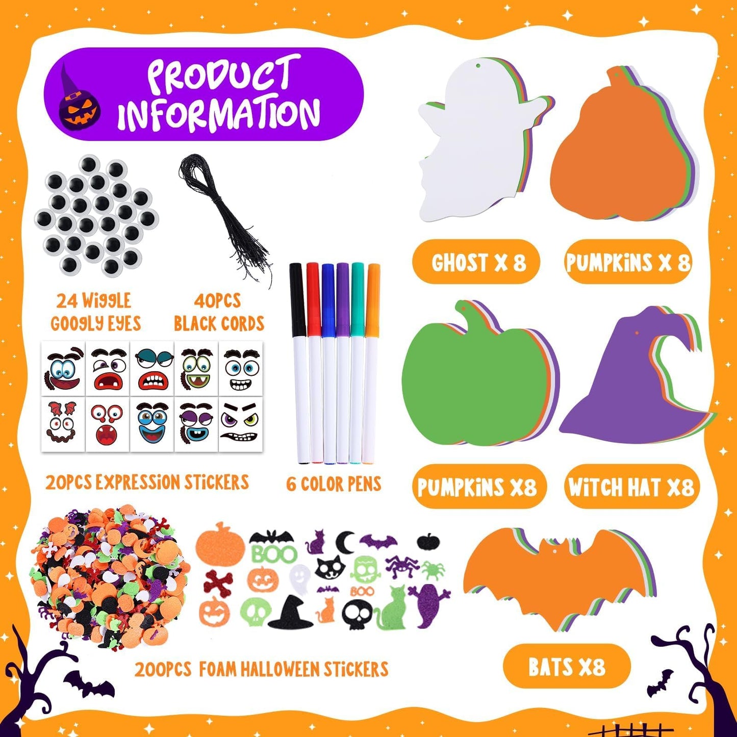 Garma 330PCS Foam Stickers Set, Halloween Crafts for Kids Pumpkin Ghost Spider Bat Witch Hat DIY Craft Kit for Classroom Activities Halloween Decorations Party Favors & Supplies