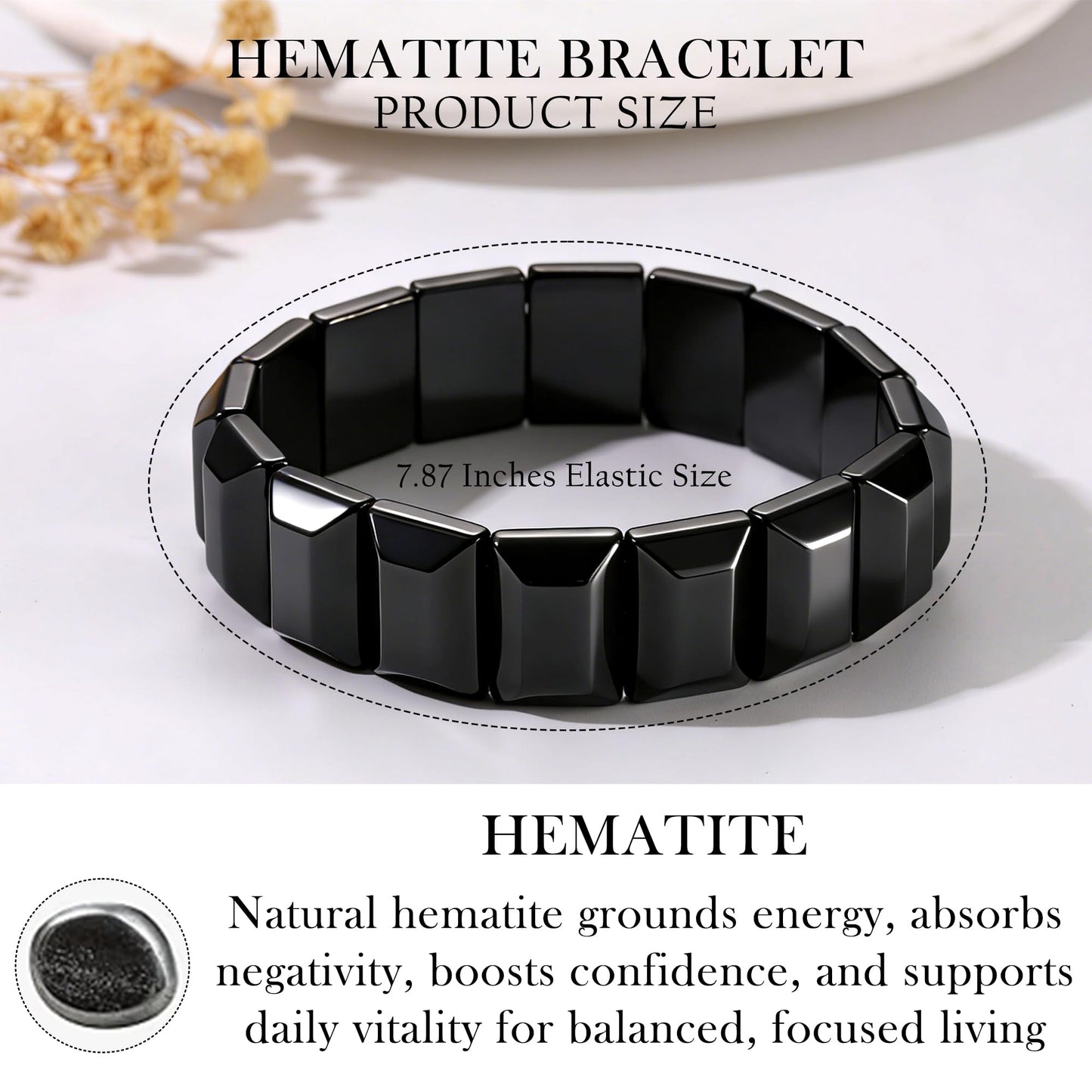 DONYUDE Hematite Bracelet for Men Black Natural Hematite to Reclaim Energy Confidence Elastic Crystal Bracelets Motivational Gift Unleash Your Inner Strength Birthday Gifts Jewelry