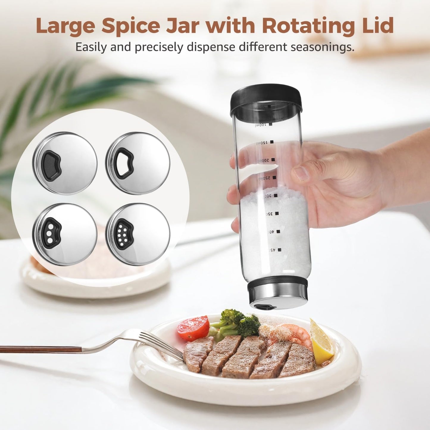 2 Pcs Large Salt and Pepper Shakers, 500ml Glass Spice Bottles with Adjustable Pour Holes, Spice Dispensers with Non-Slip Silicone Bases, Seasoning Jars with Rotating Steel Lids for