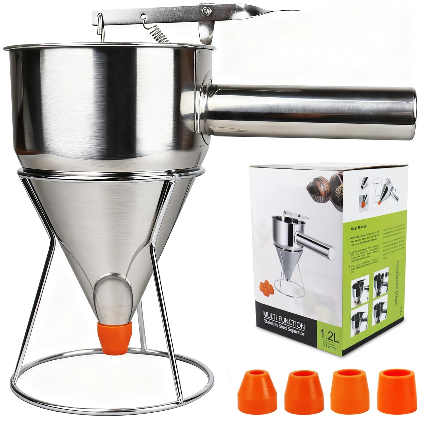 Pancake Batter Dispenser, Large 40oz/1200ml Multi-Caliber Stainless Steel Funnel Cake Dispenser with Stand for Commercial and Home Use