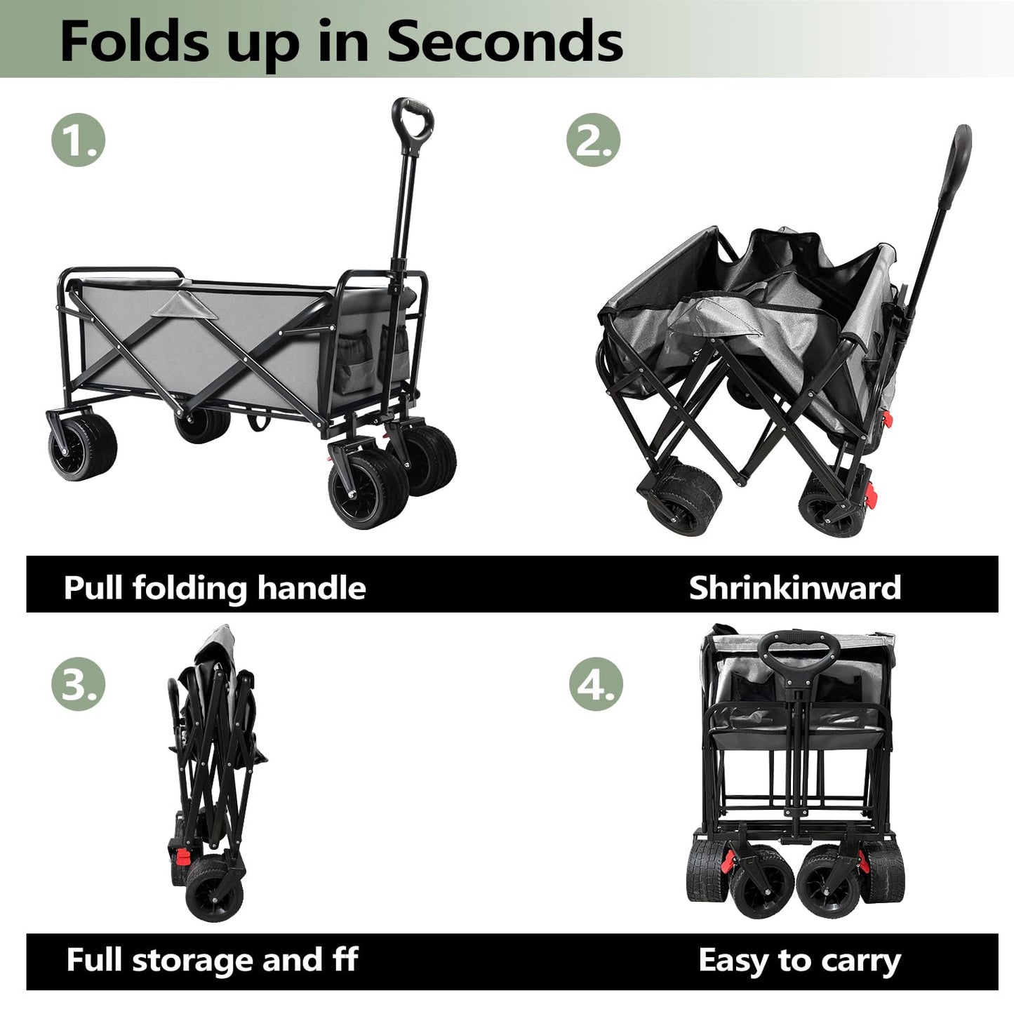 SAILARY Large Collapsible Wagon Cart Heavy Duty Foldable, Large Capacity Foldable Grocery Beach Wagon for Camping Sports Shopping, Gray