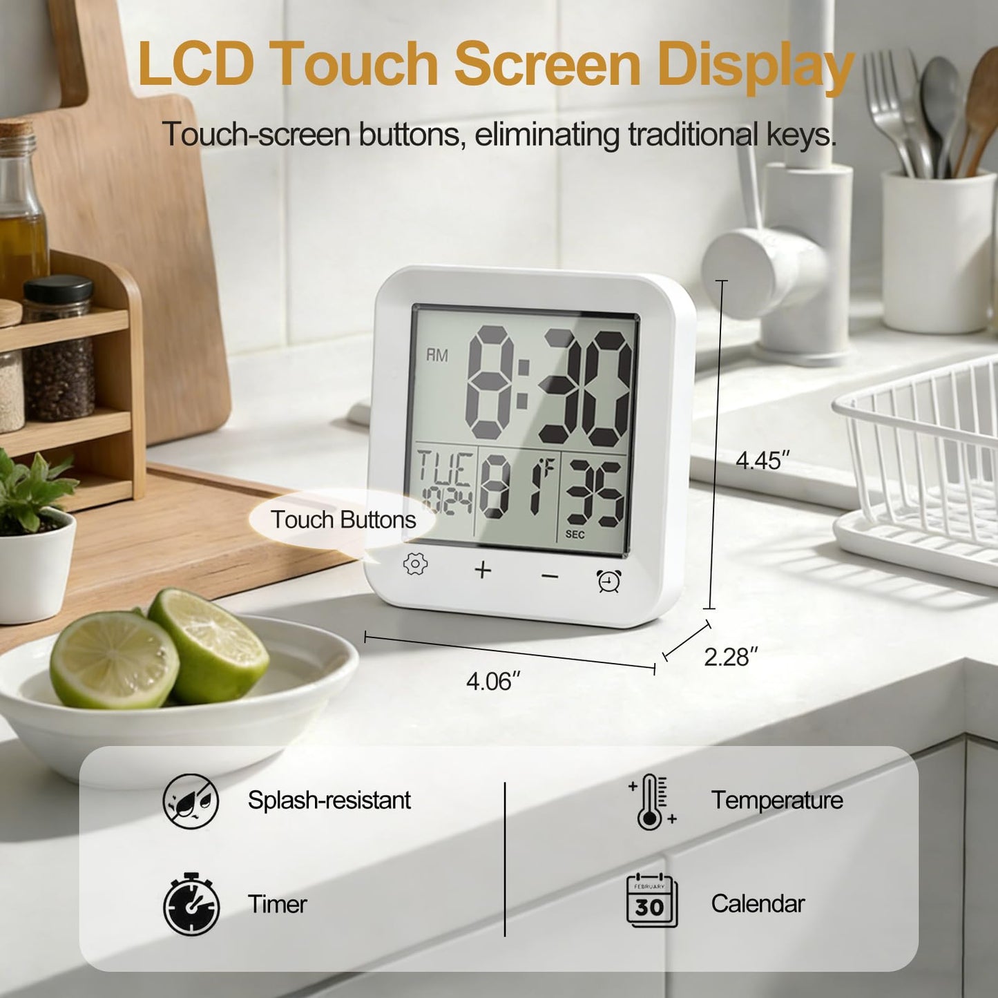 Tikonir Shower Clock Waterproof, Bathroom Digital Clock with Timer, LCD Display, Touch Screen, Suction Cup, Temp, Seconds, Hanging, Hole Stand, Digital Wall Clocks Battery Operated for Kids and Adults