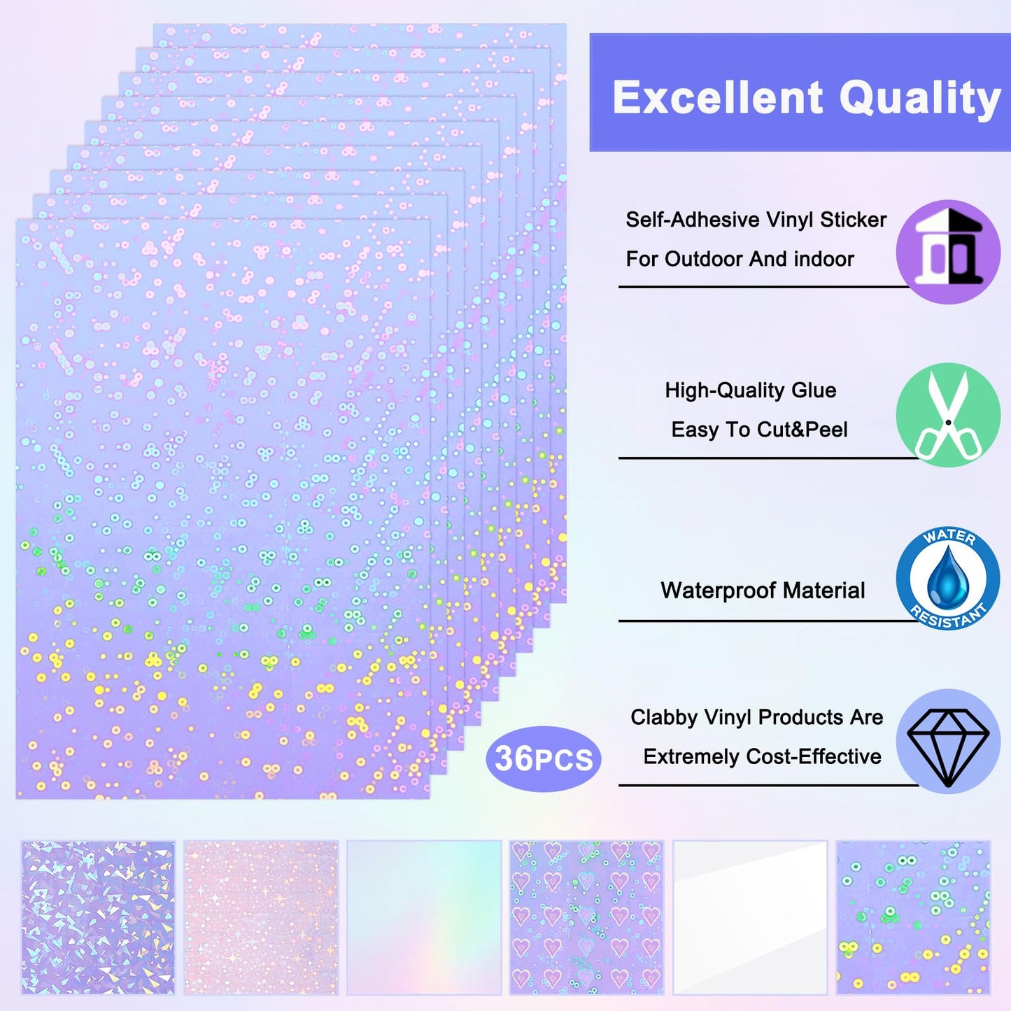 Clabby 36 Sheets Holographic Sticker Paper A4 Vinyl Holographic Laminate Sheets Self Adhesive Waterproof Transparent Film, 11.7 x 8.3 inches(Gem, Dot, Colorful, Star, Heart, Glossy Clear)