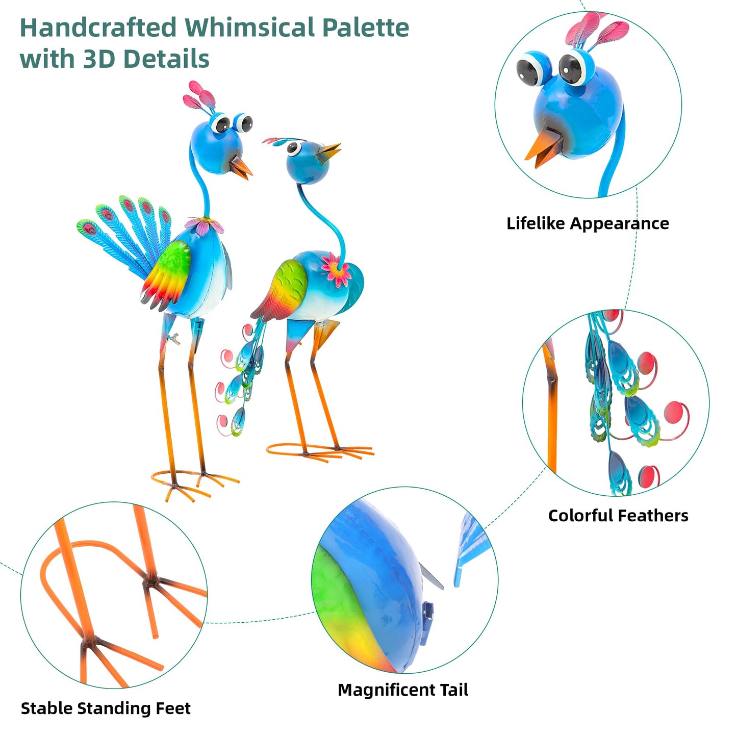 Ultym 22.5" Metal Peacock Garden Statues Set of 2, Whimsical Hand-Painted Cartoon Birds, Blue & Rainbow Yard Art for Patio Lawn, Indoor Shelf Decor, Unique Gift for Women