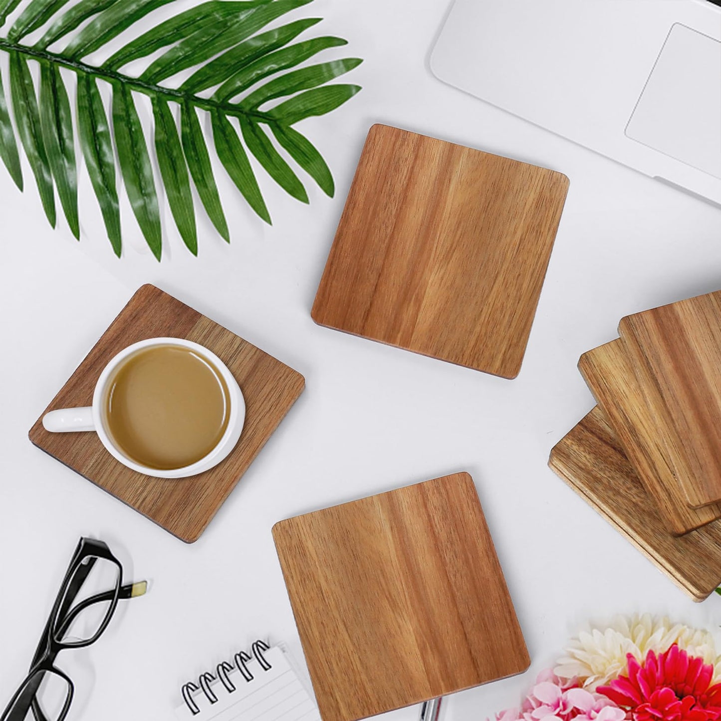 32 Pieces Unfinished Wood Coasters, 4 Inch Square Acacia Wooden Coasters for Crafts with Non-Slip Silicon Dots for DIY Stained Painting Wood Engraving Home Decoration
