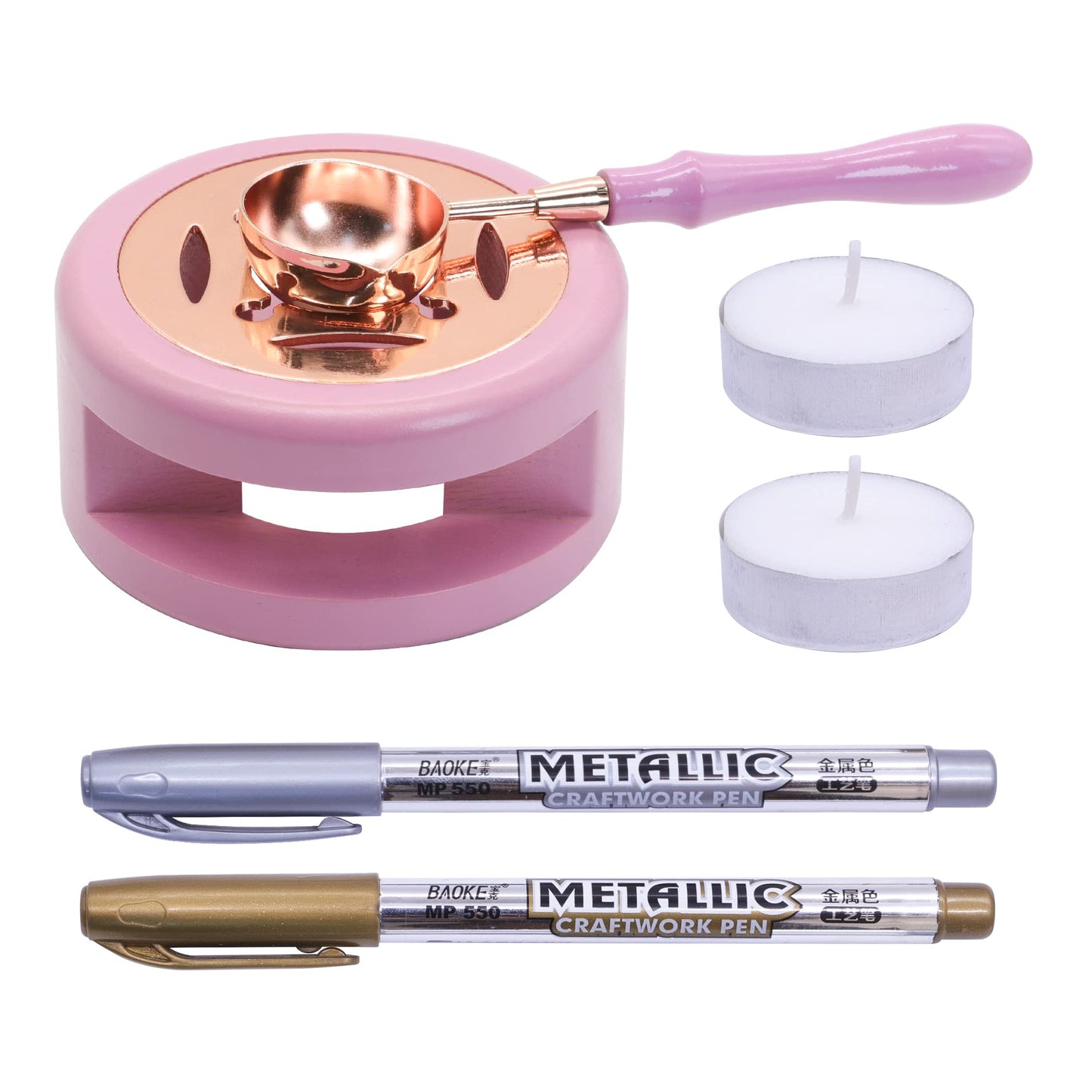 SWANGSA Wax Seal Warmer Kit, Sealing Wax Furnace Tool with 2pcs Wax Seal Pens + Wax Seal Spoon and 2pcs Candles for Sealing Wax Stamp Wedding Invitation Envelope Letter (Pink)