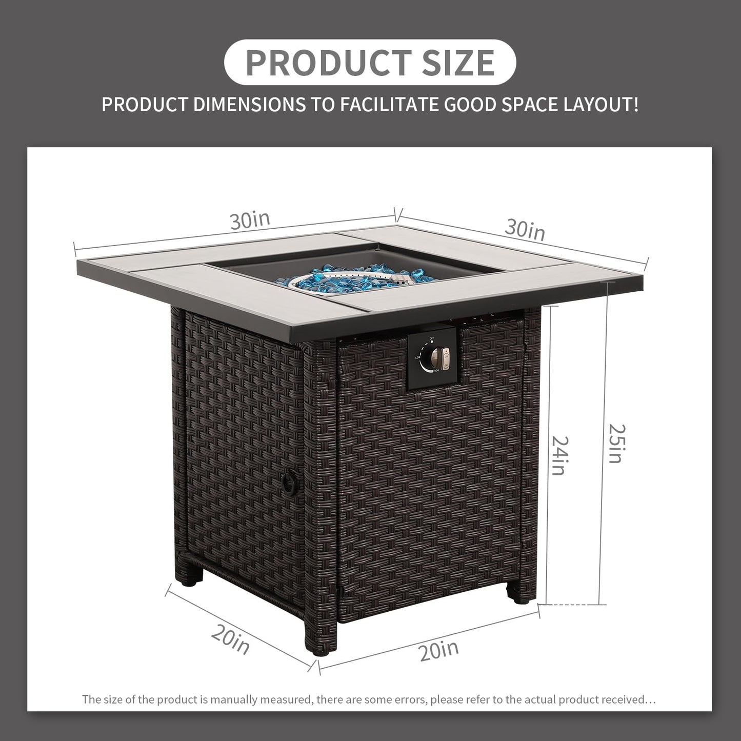 50000 BTU Brown Wicker Gas Fire Pit Outdoor Fire Pit Table 30 Inch Fire Pits for Outside with Woodgrain Marble Tabletop Fire Pit Cover and Blue Crystal Beads