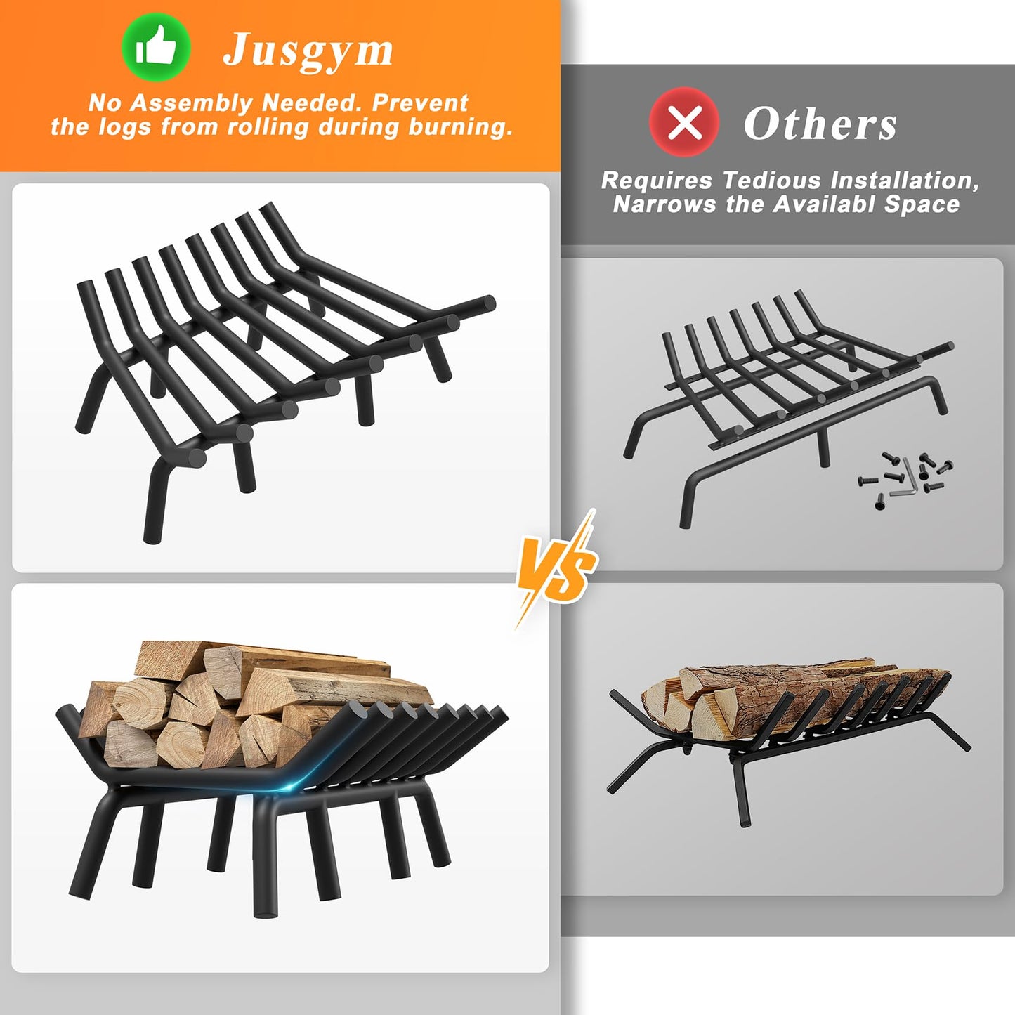 Jusgym Fireplace Grate 24 Inch with 8 Support Legs, Round Solid Steel Heavy Duty Fireplace Log Holder with Fire Tongs & Poker, Fireplace Log Grate for Indoor Fireplace and Outdoor In-ground Firepit