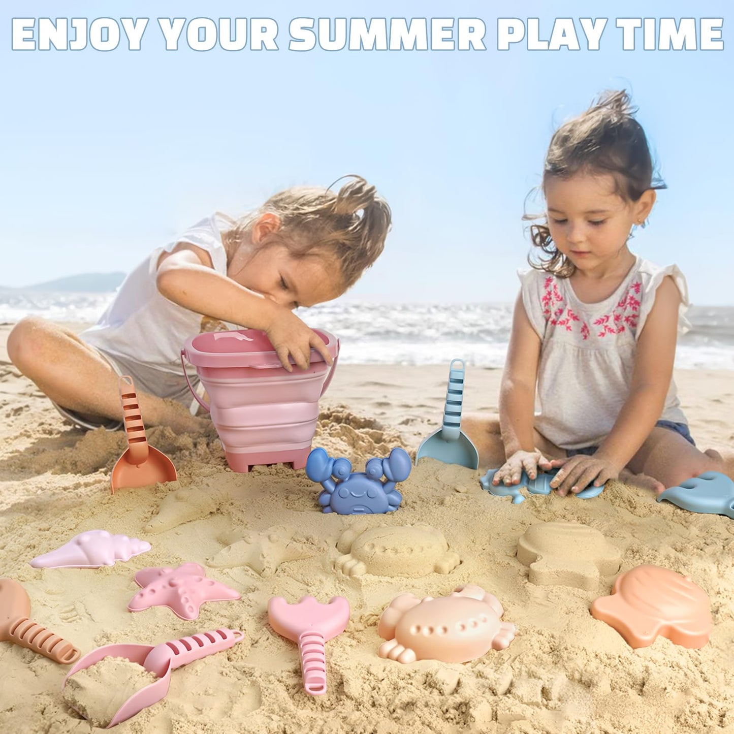 Dreamon Beach Toys Set for Kids 3-10, Collapsible Sand Buckets with Beach Molds and Mesh Bag, 3 Pack Shovels Set Sand Toys for Beach, Sandbox Travel Toys for Toddlers Kids