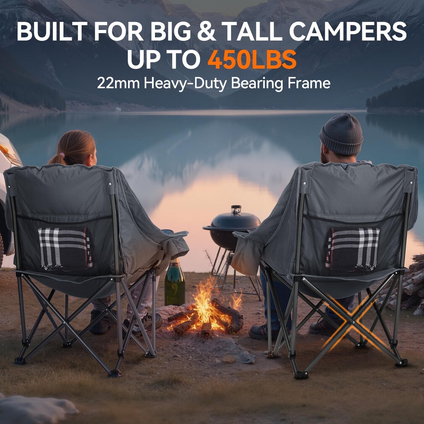 Huskfirm Oversized Camping Chair Padded Camping Chairs Heavy-Duty Foldable Camping Chairs with Cup Holder and Cooler Bag Portable Lawn Chair for Sports Outdoors-Support 450LBS, Grey