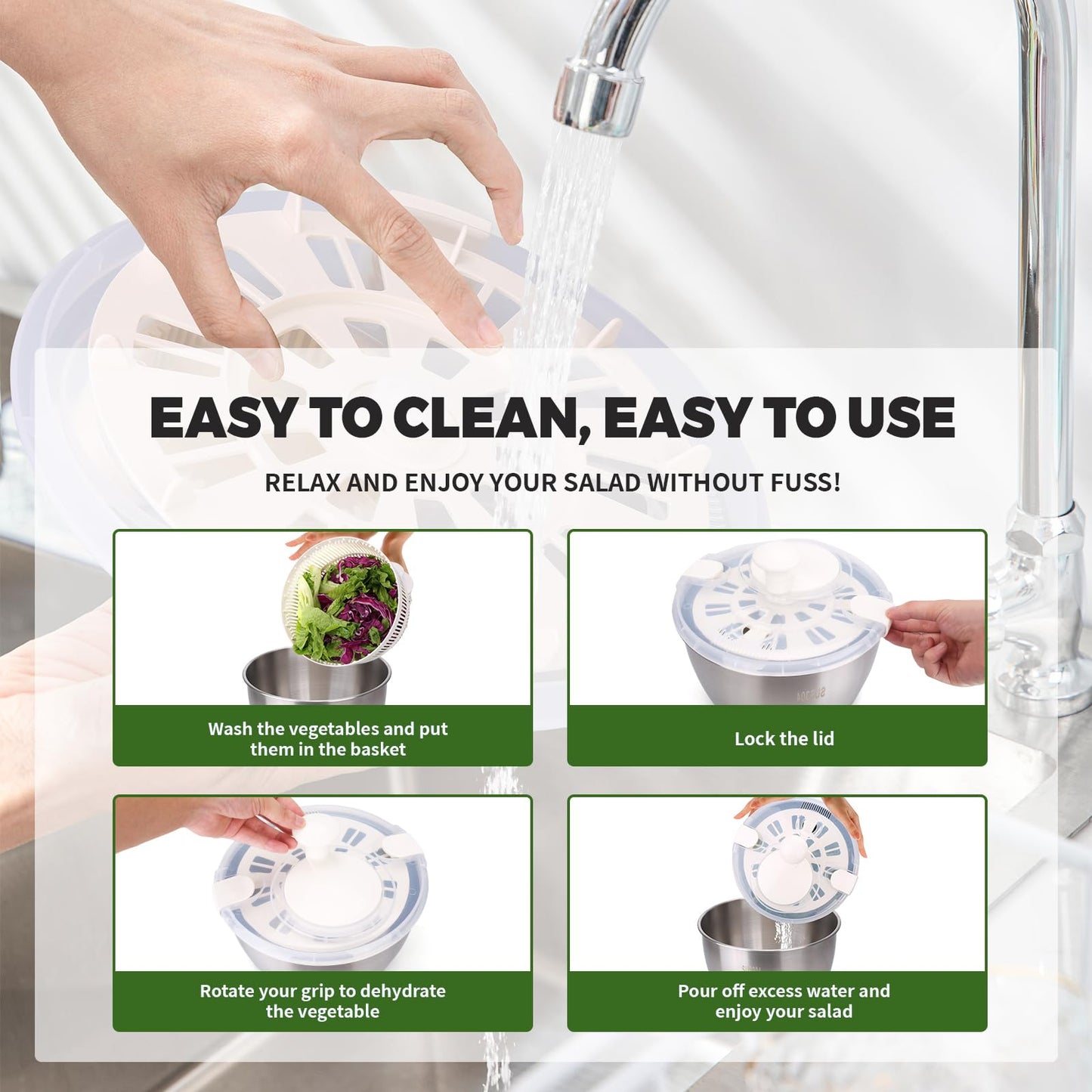 Stainless Steel Salad Rotator, 5-quart Vegetable Dishwasher,Lettuce Cleaner and Dryer, Salad Spinner