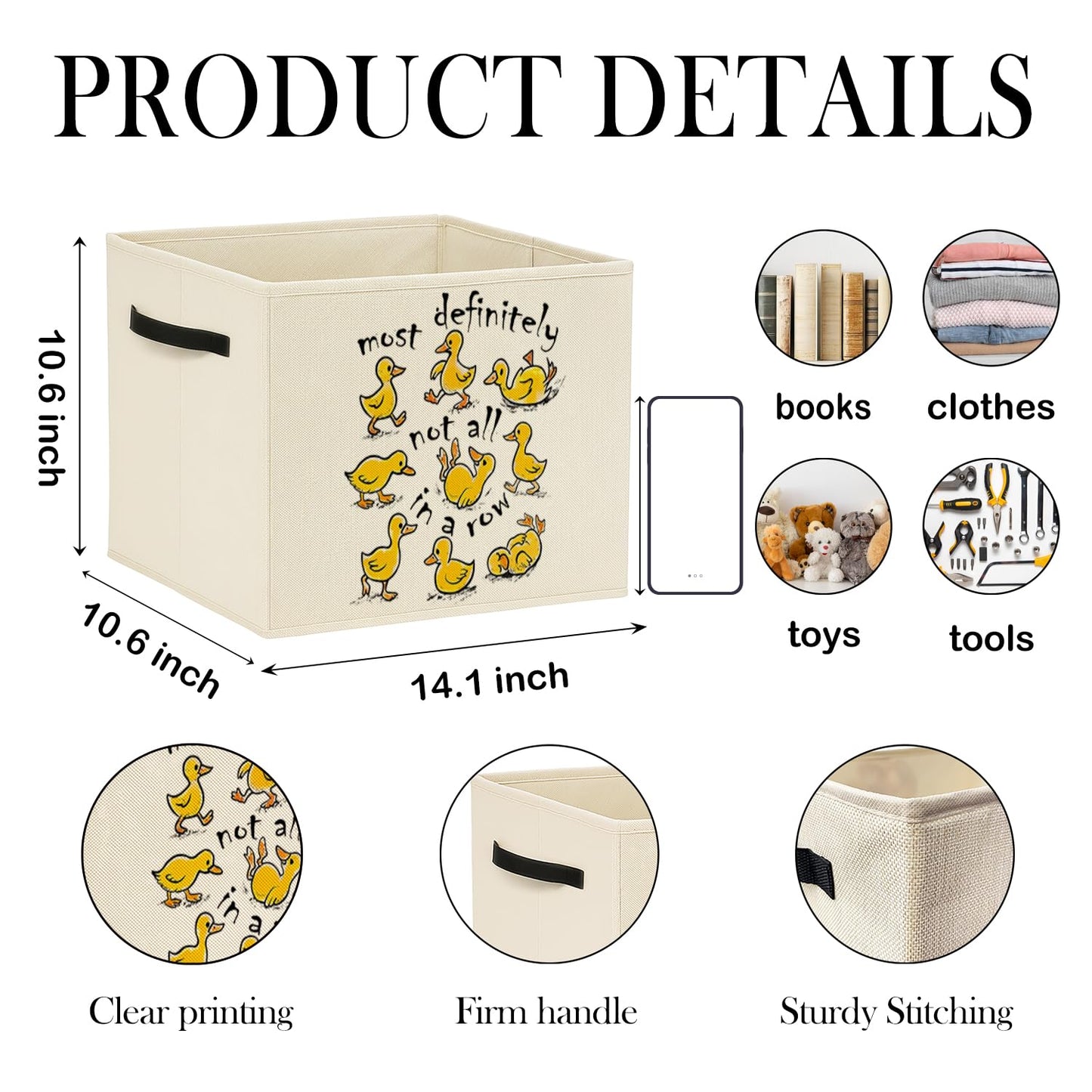 MNKVITMEAK Funny Yellow Duck Storage Bin Box with Handles, Most Definitely Not All in a Row Foldable Baskets Organizer for Bedroom Bathroom Kids Room Clothes Toys Books, Toybox for Boys Girls
