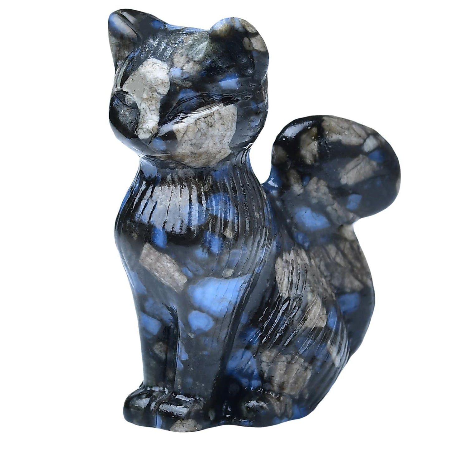 WUYOUSHI Natural Blue Amphibole Crystal Cat Statue 2.4 Inch - Handmade Healing Sculpture, Lucky Guardian Pocket Statue for Reiki Meditation, Office & Home Decoration Gift