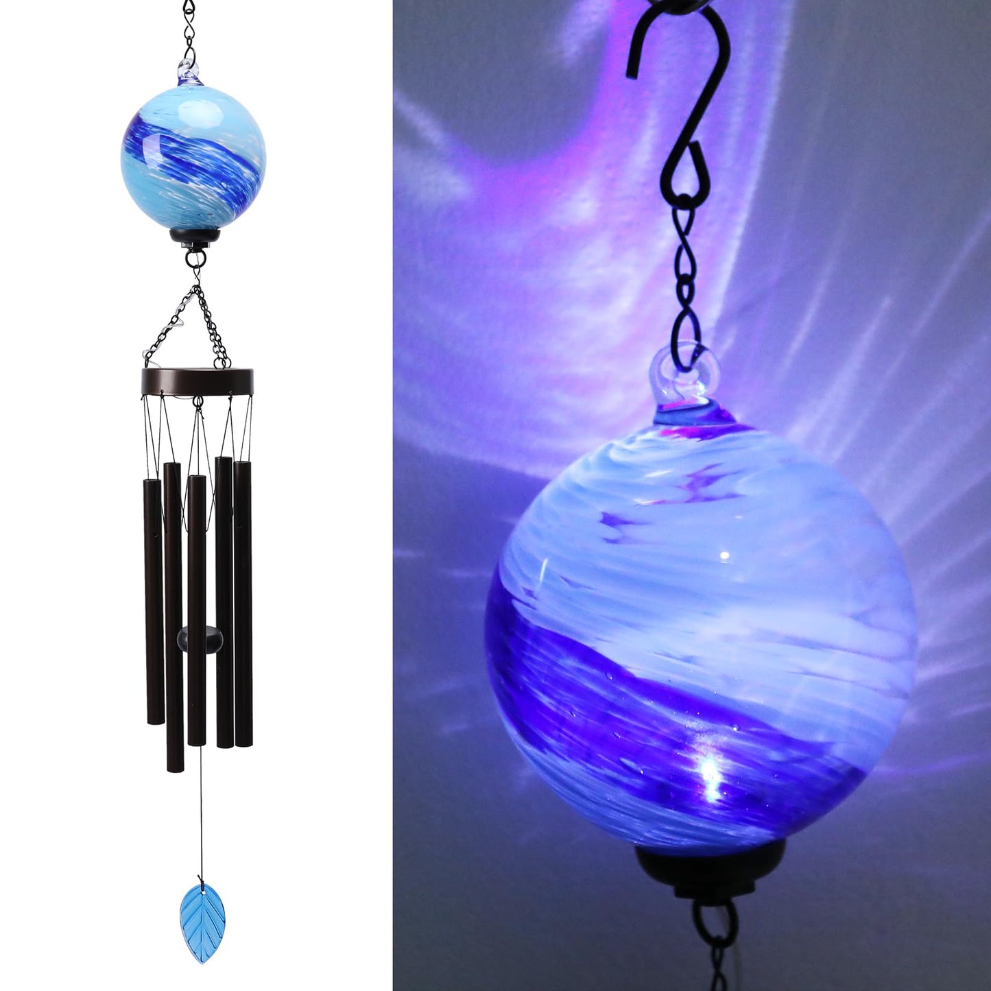 Taman Solar Wind Chime - 35" Glass Solar Lights Wind Chimes Valentine's Day Gift for Outside Deep Tone Decorative Memorial Gift for Home, Outdoor, Yard, Patio, Balcony, Garden Decor
