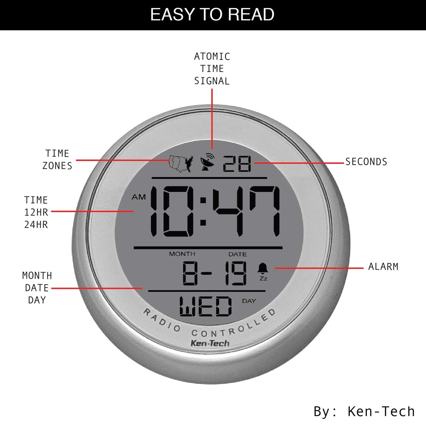 Ken-TECH T-4660 Water Resistant Suction Cup Atomic Clock, Silver