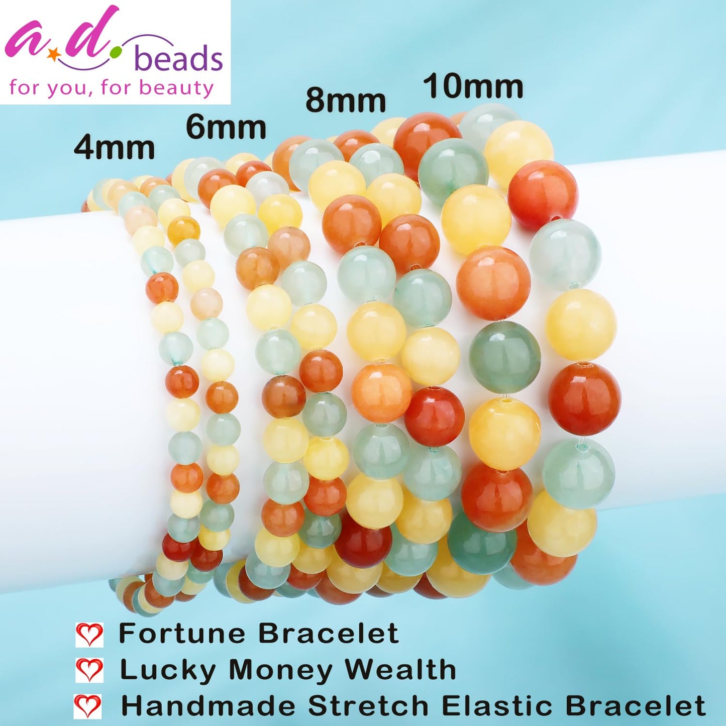 AD Beads 4mm Handmade Fortune Bracelet Elastic Bracelet – Natural Gemstone for Lucky Money Wealth – Meditation, Yoga, Healing and Energy Gift for Men Women