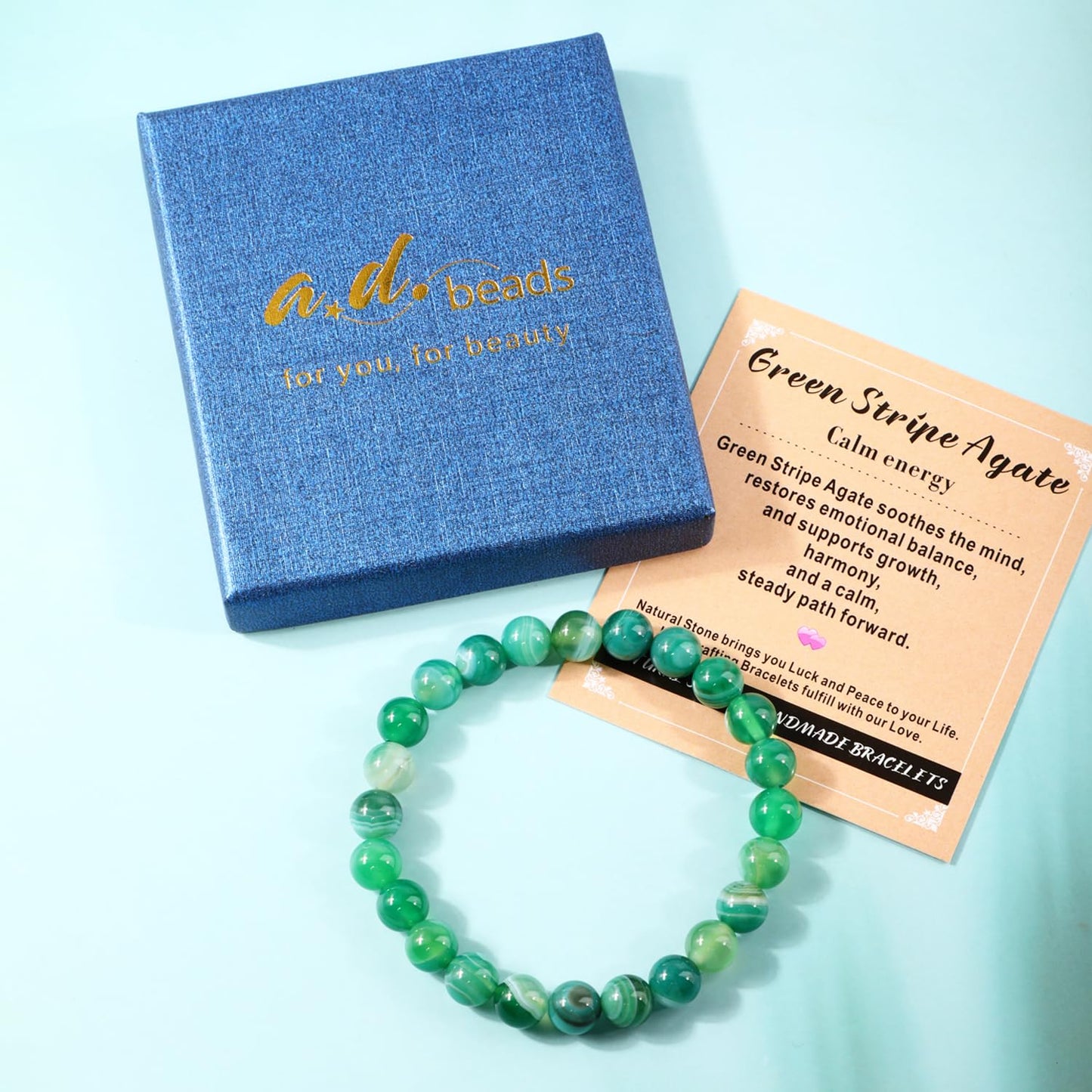 AD Beads 4mm Handmade Green Stripe Agate Elastic Bracelet – Natural Gemstone for Calm energy – Meditation, Yoga, Healing and Energy Gift for Men Women