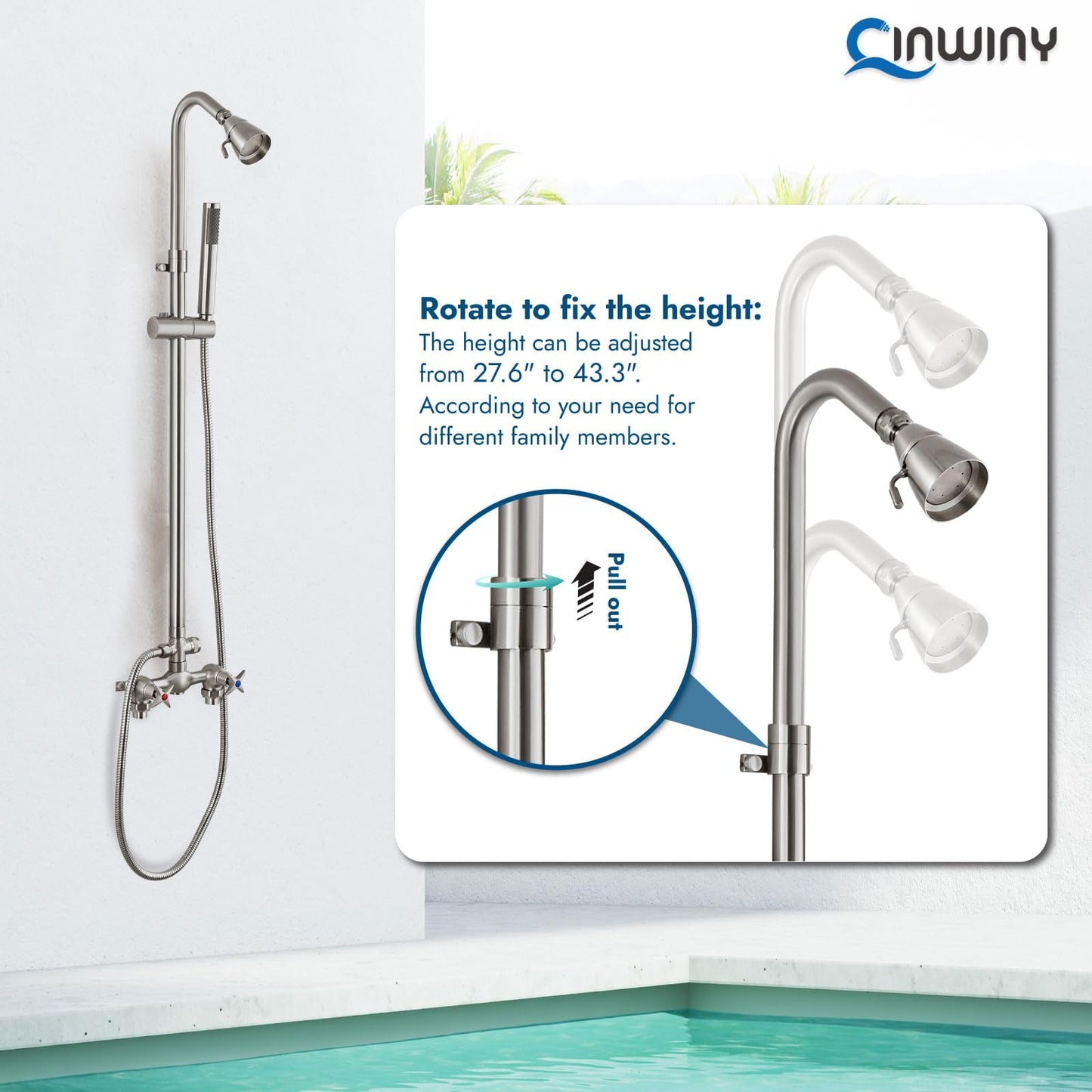 Cinwiny Brushed Nickel Wall Mounted Exposed Shower Fixtures with Hand Held Shower Head Outdoor Shower Kit 2 Cross Handles with Adjustable Slide Bar Dual Function Shower Faucet