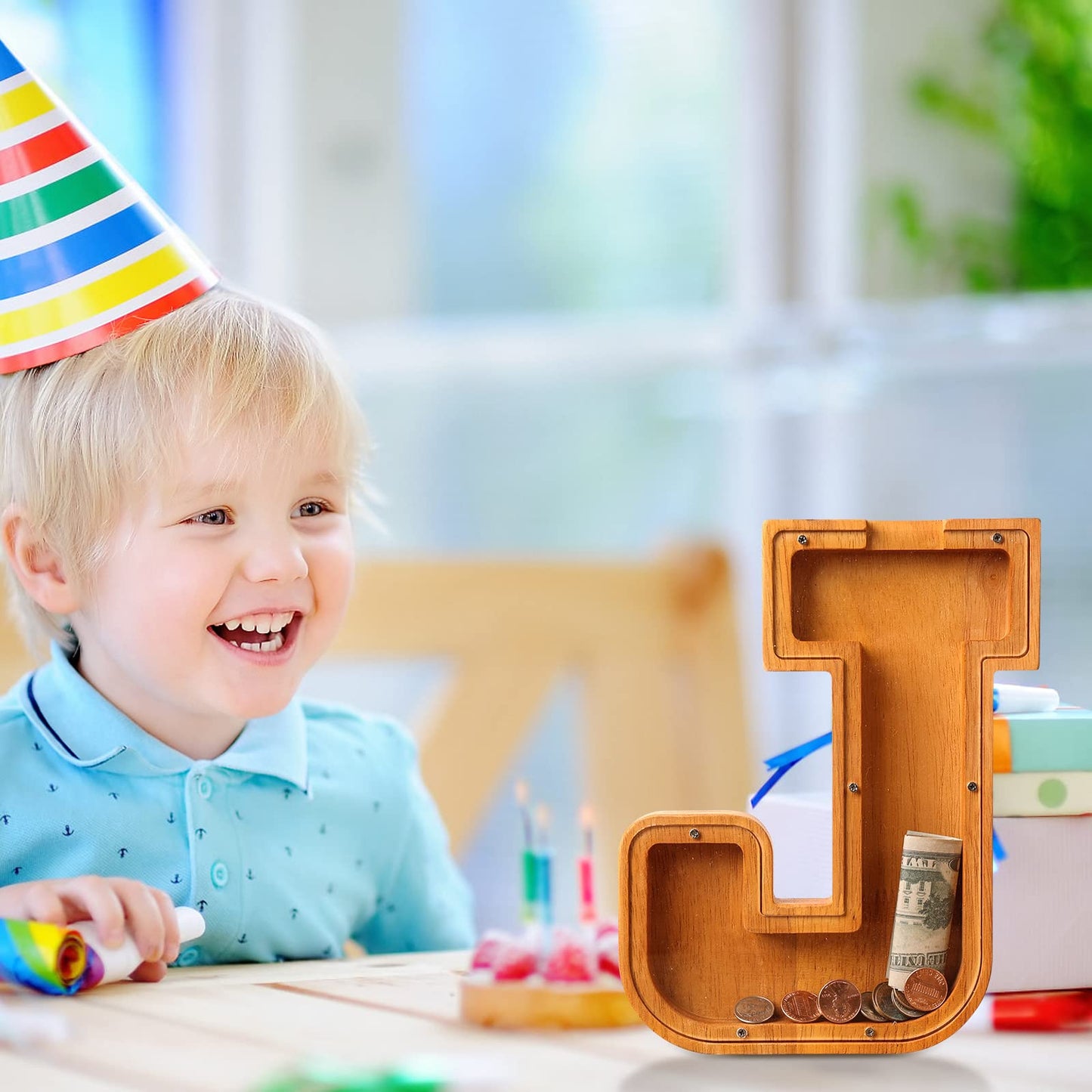 Wooden Letter Piggy Bank for Kids Boys Girls Large 26 Alphabet Money Bank Personalized Custom Name Transparent Saving Coin Bank, Perfect Christmas,Birthday Gift for kids Adults and Home Decoration (J)