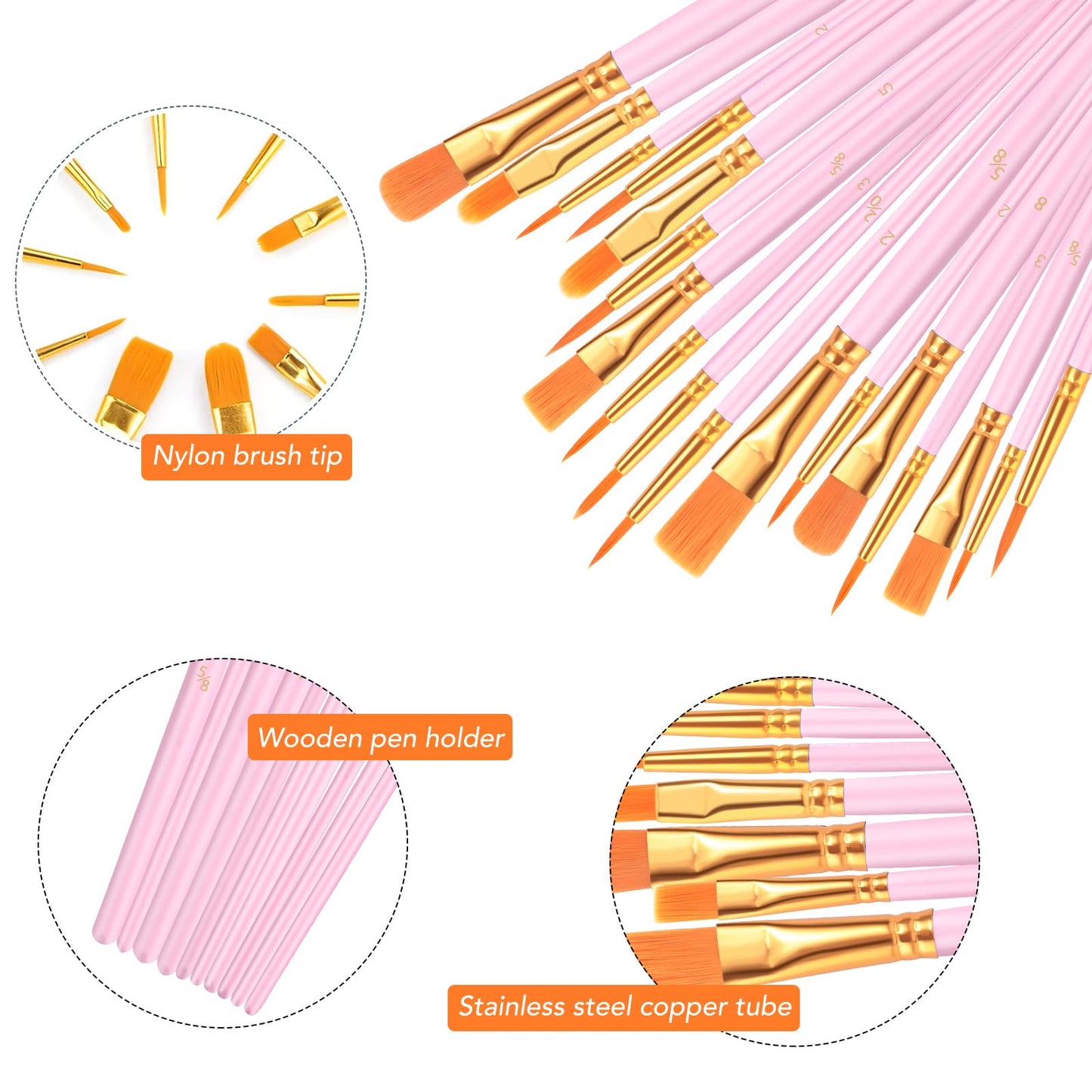AROIC Acrylic Paint Brushes, 6 Packs/60 pcs Nylon Hair Paint Brush Set for All Purpose Oil Watercolor Painting Artist Professional Kits (Pink)