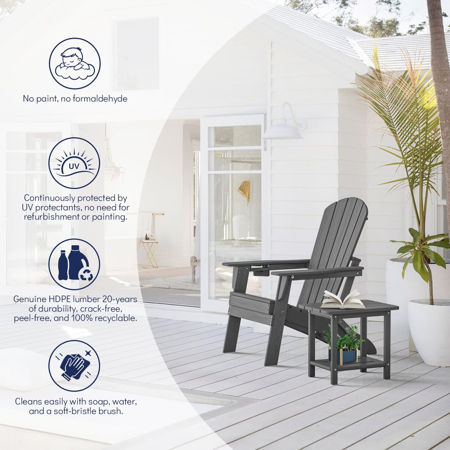 Plawdlik Folding Adirondack Chair, SGS Tested, Wooden Textured with Cup Holder, Heavy All-Weather HDPE Comfortable Set Poolside Backyard Lawn Grey