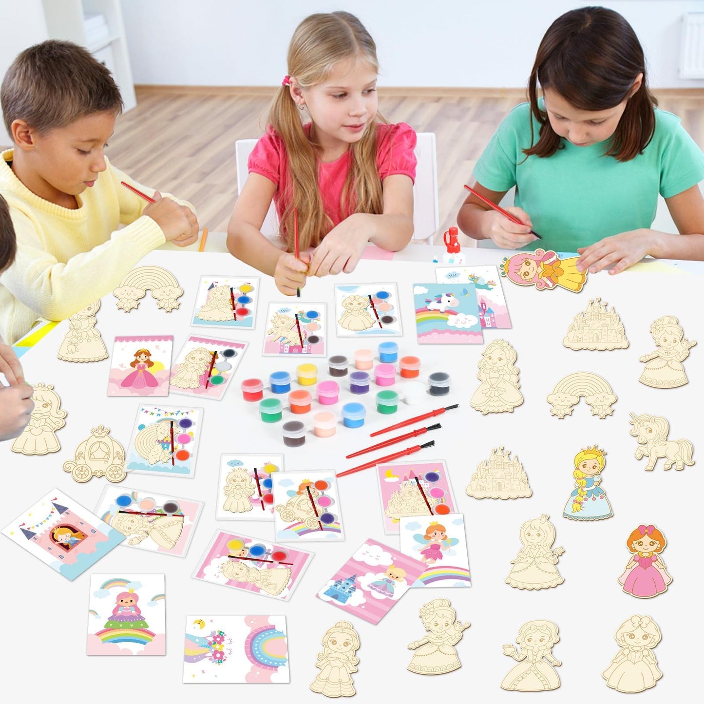 24Pcs Princess Party Favors Birthday Supplies Decorations-Cards with Art Crafts Castle Fairies DIY Wooden Painting Craft Kits Thank You for Coming Gifts Bulk Goodie Bags Stuffers Prizes for Kids Girls