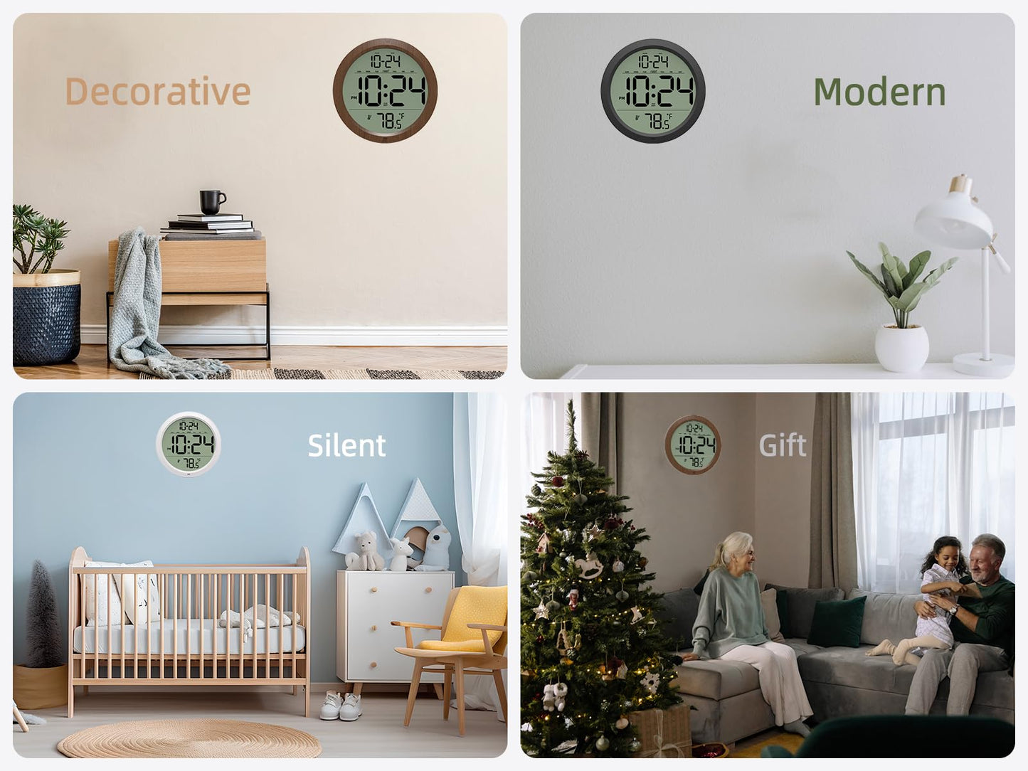 Digital Wall Clock with Date, Indoor Temperature, Auto-DST, Battery-Operated Digital Clock, 8 Inch Small Decorative Wood Wall Clock for Bedroom, Living Room, Kitchen, Office, Modern, Electric, Simple