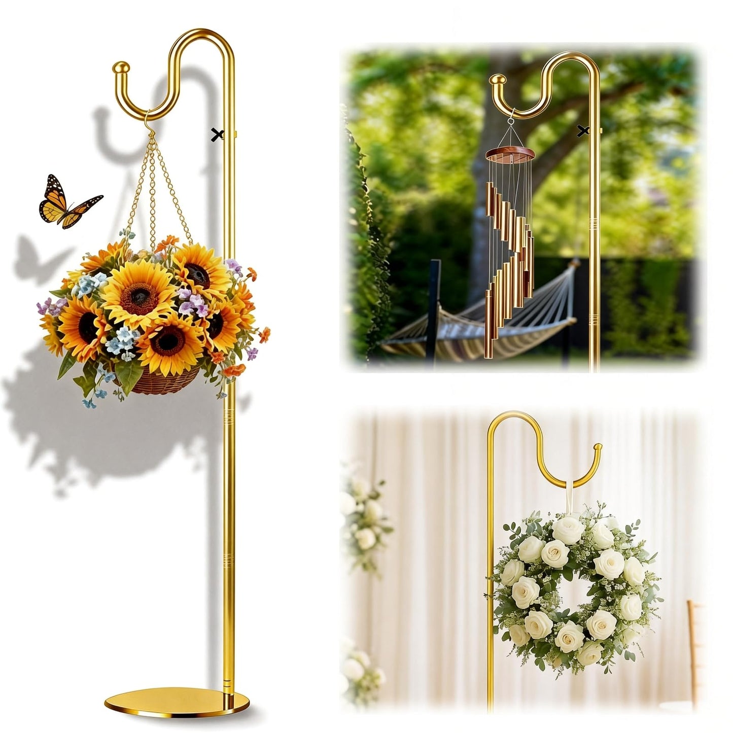 SIECCY 76" Outdoor Plant Stand & Wind Chime Hanger with Heavy Duty Base, Shepherds Hook for Bird Feeder, Adjustable Height for Patio, Garden & Indoor Use