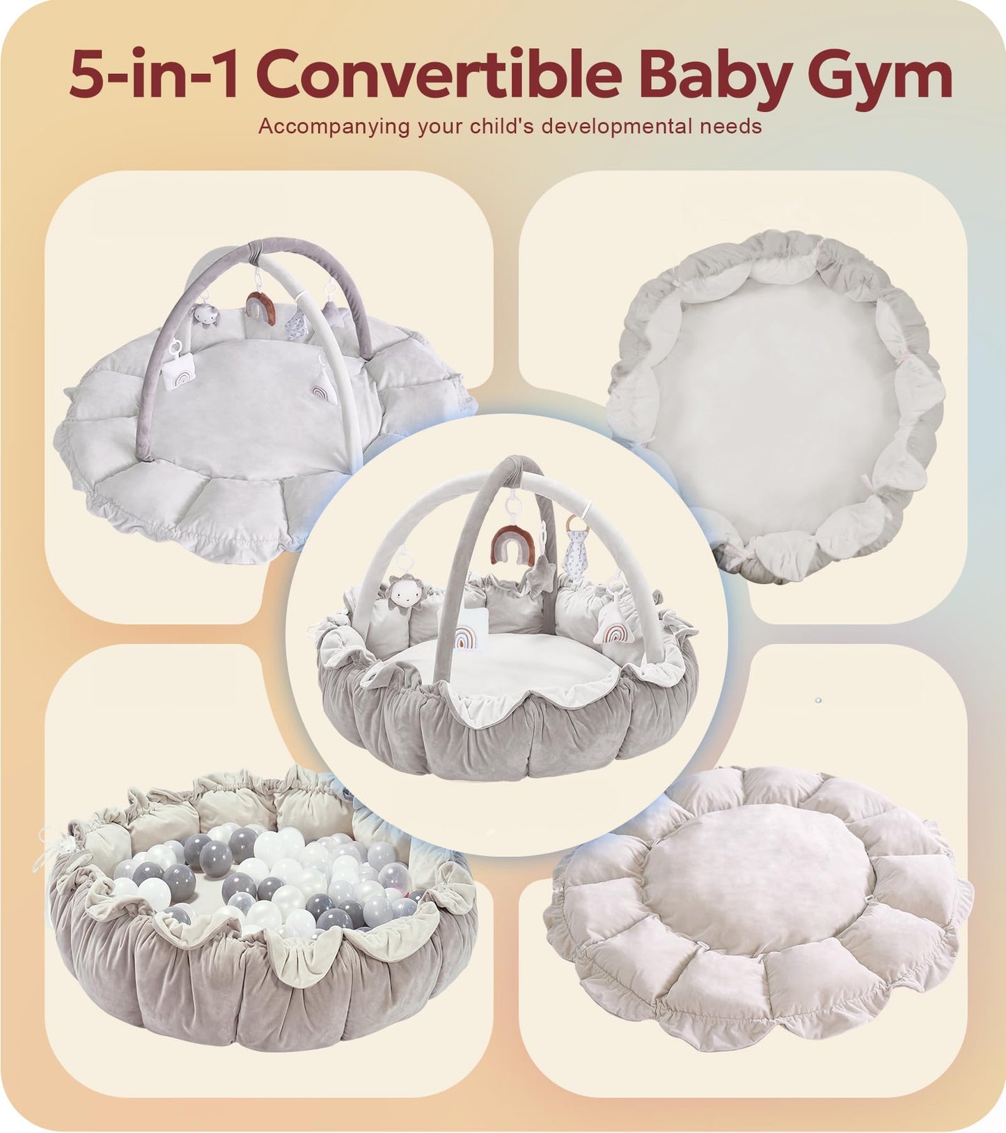 5-in-1 Thick & Plush Baby Play Gym, Baby Play Mats for Floor, Tummy Time Mat with 6 Toys, Convertible Stage-Based Developmental from Babies to Toddlers, Ball Pit, Pet Cushion Cloudico, Grey