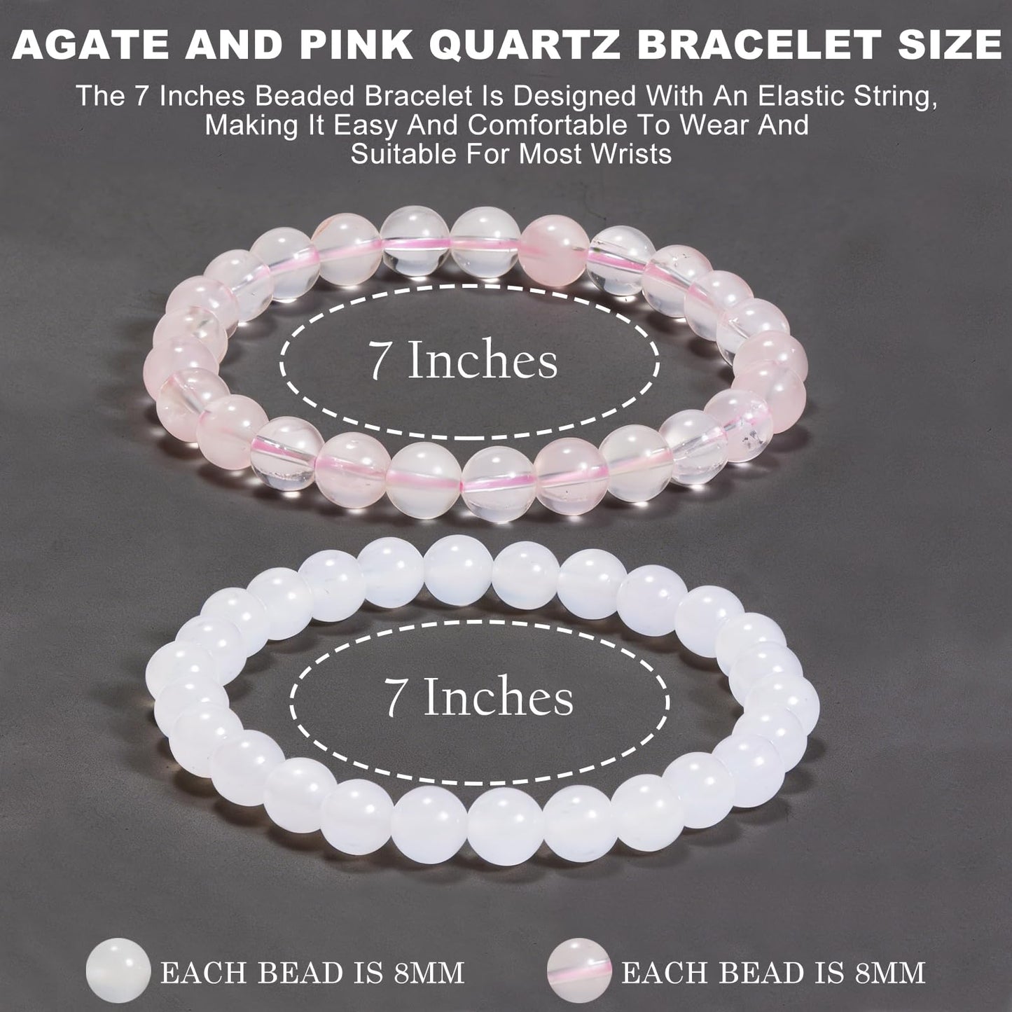 Aluckiss 8mm 2PCS Agate Bracelet for Women Men Natural Round Beaded Agates Stone Healing Stretch Bracelets Elastic Handmade Polished Gemstone Beads Bracelet White+Pink Quartz 2 Colors