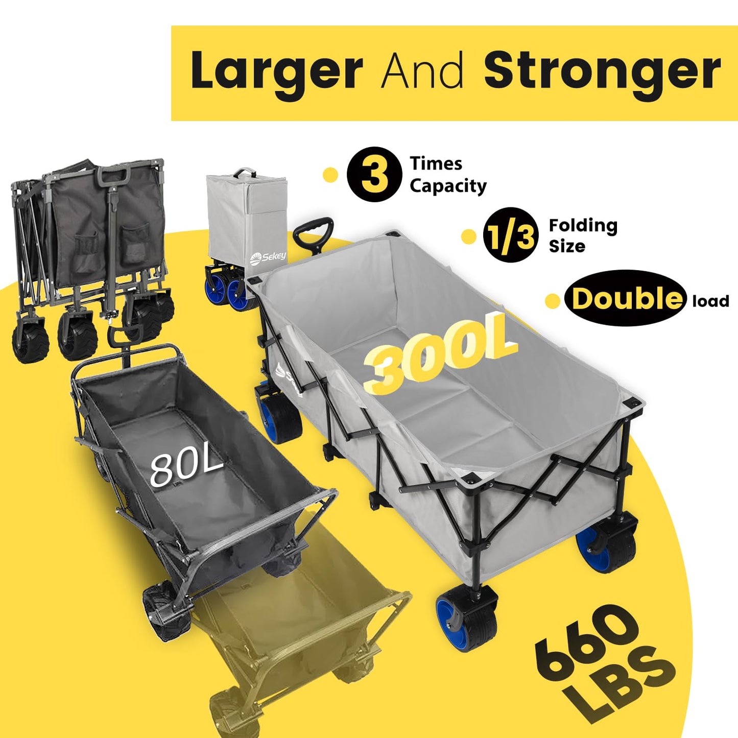Sekey Extended Collapsible Foldable Wagon with 660lbs Weight Capacity, Heavy Duty Folding Utility Garden Cart with Big All-Terrain Beach Wheels & Drink Holders. Light Gray