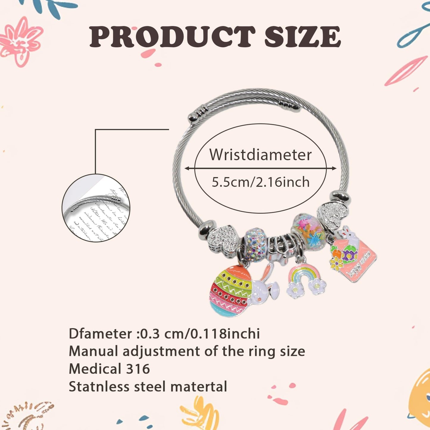 QMWKVNC Easter Charm Bracelets for Womens,Exquisite Cute Cartoon Friendship Silver Bracelets Stainless Steel Bangle, Womens Jewelry Suitable for Holiday Gifts and Birthday Gifts
