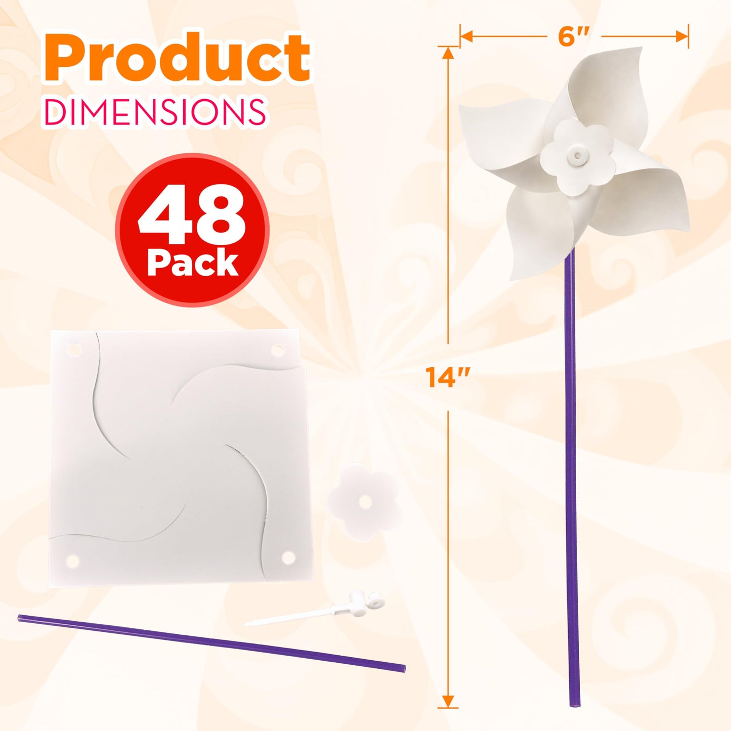 4E's Novelty DIY Pinwheels Craft for Kids (48 Pack) Color Your Own White Pinwheels, Bulk Summer Spring Craft Kit for Boys & Girls, Arts and Craft Party Activity, Church Easter Crafts