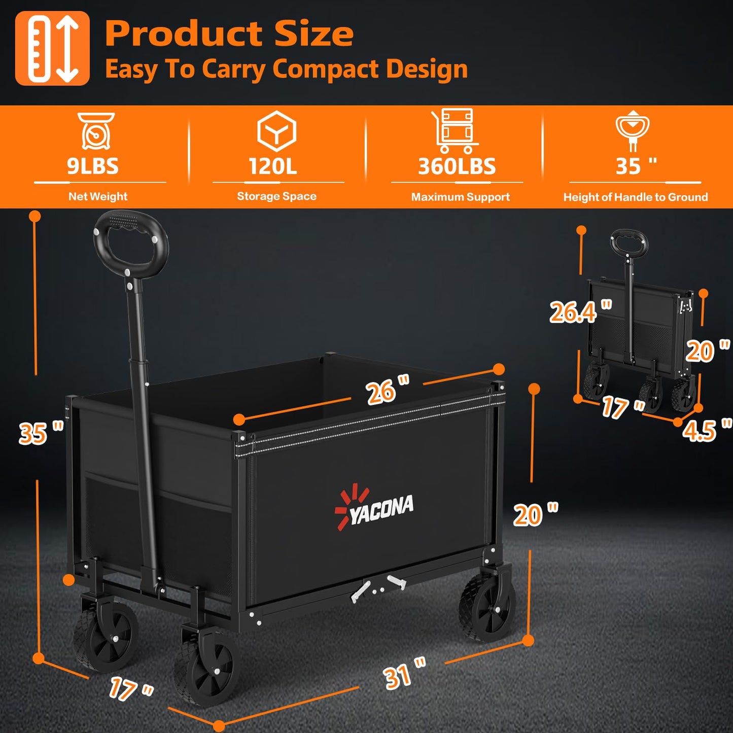 YACONA 3 in 1 Wagons Carts Foldable, 360LBS Lightweight Wagon with All Terrain Wheels, Collapsible Wagon Cart for Grocery, Camping, Beach, Garden & Sports