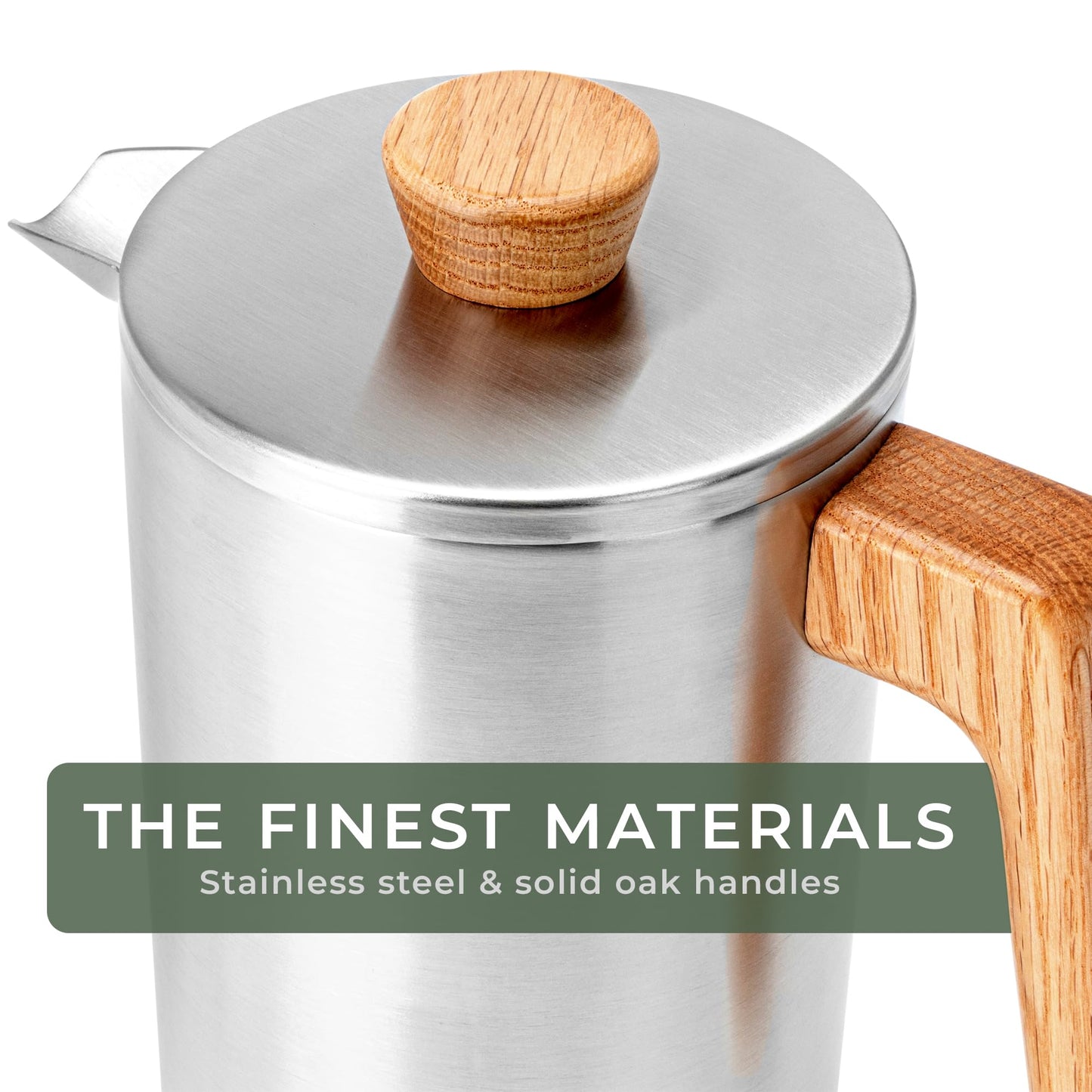 WALDWERK French Press (34 oz) - Non-Toxic Stainless Steel Double Wall French Press Coffee Maker - Plastic Free Coffee Press with Oak Wood Handle - Insulated Stainless Steel Coffee Maker - No Plastic