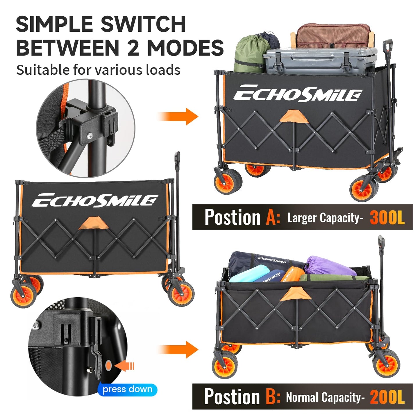 EchoSmile Collapsible Foldable Extended Wagon with 500Lbs Weight Capacity, 300L Folding Utility Wagon Cart with Big All-Terrain Wheels for Beach,Sport,Garden&Grocery (Black&Orange)
