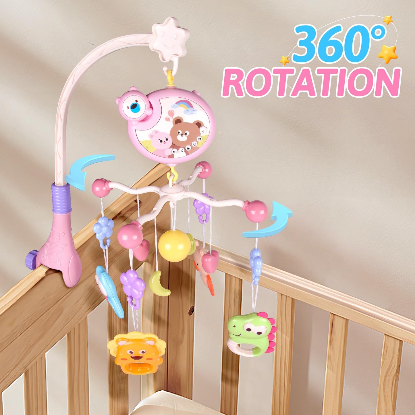 RSEPD Crib Mobile with Music and Lights, Baby Mobiles for Cribs, Nursery Musical Mobile for Bassinets Toys Hanging Girls Boys, Pack and Play Space Portable Animal Mobile Hanger Arm Clip On Attachment