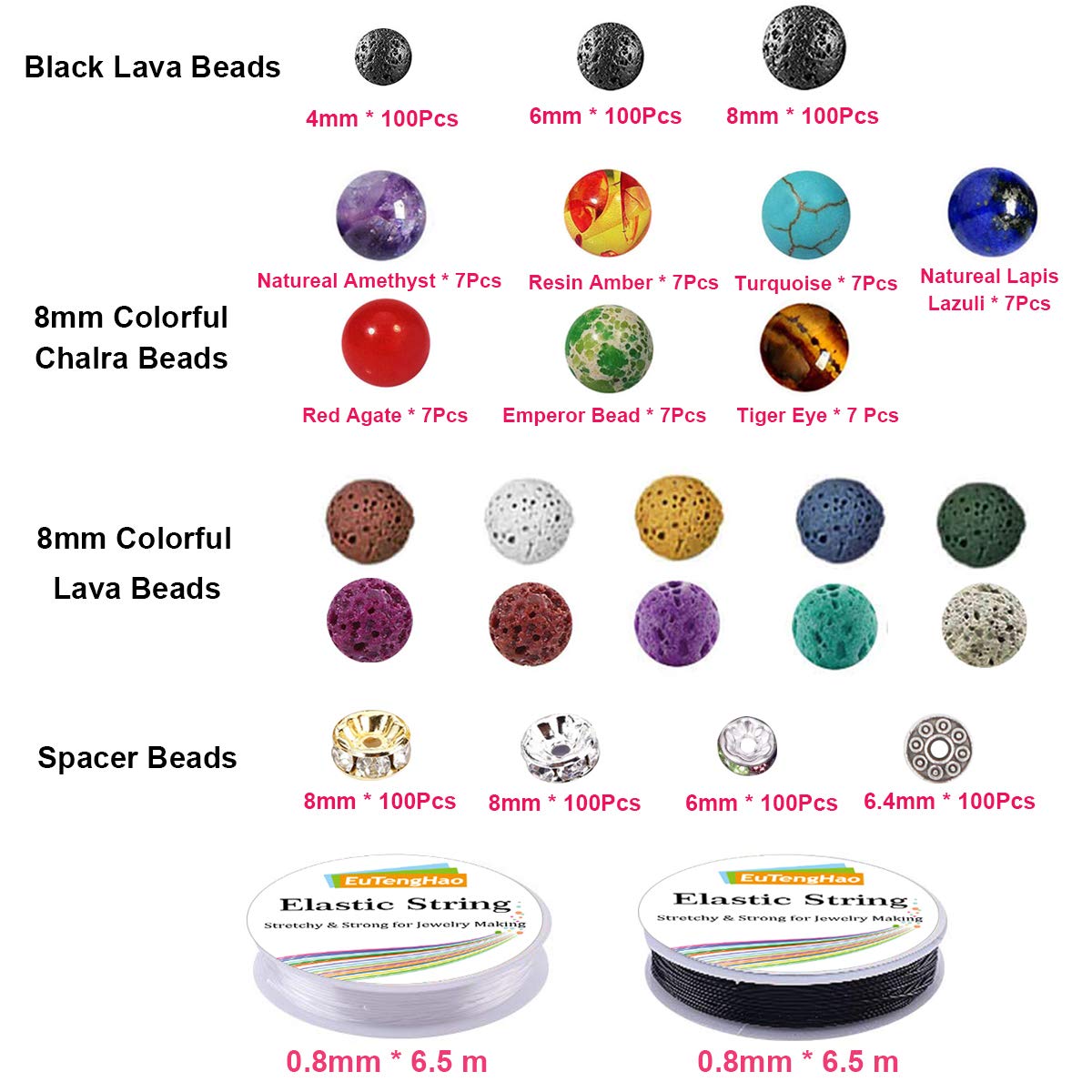 EuTengHao 602Pcs Lava Beads Stone Kits with 8mm Chakra Beads and Spacers Beads Bracelet Elastic String for Diffuse Essential Oils Adult DIY Jewelry Making Supplies