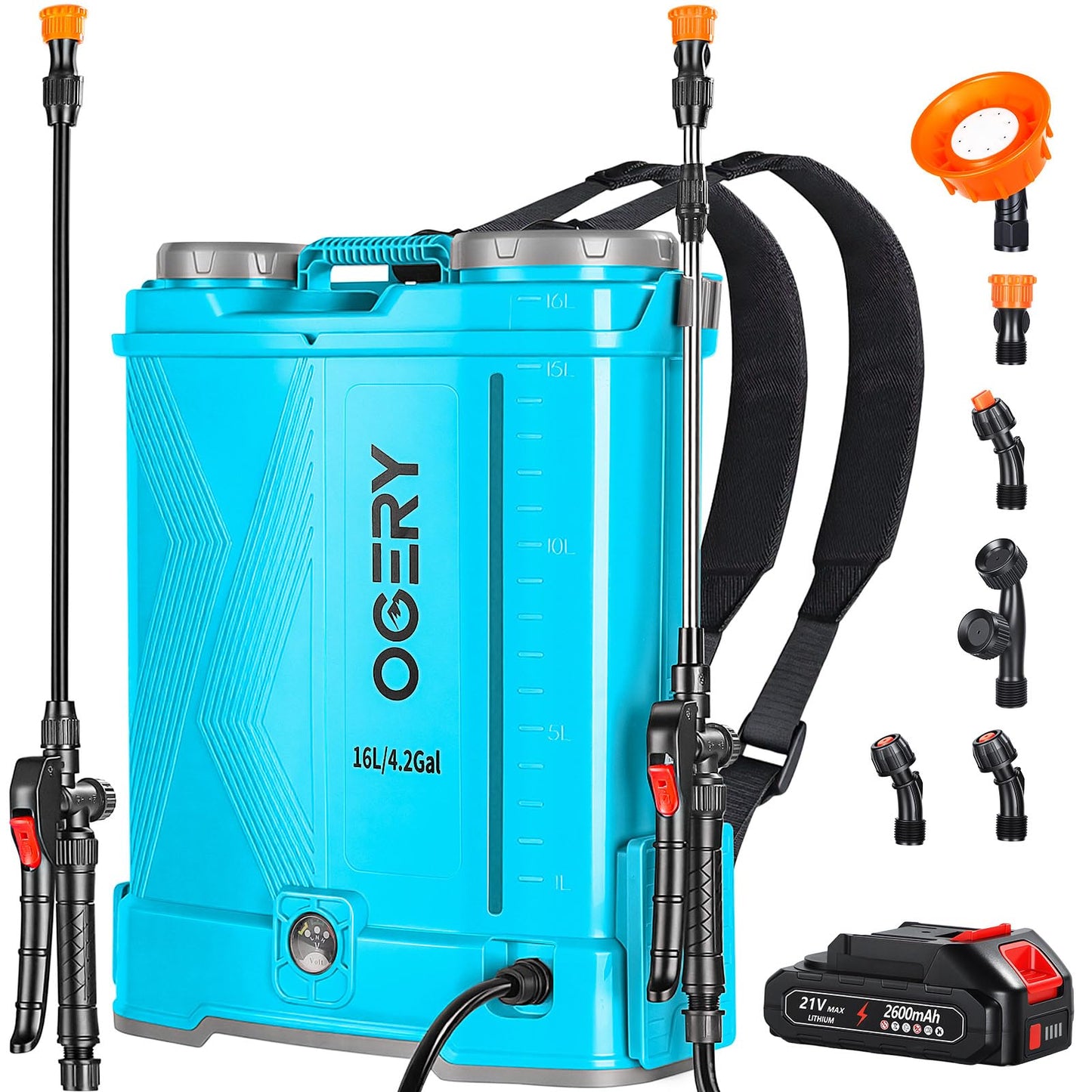 OGERY Battery Powered Backpack Sprayer 4 Gallon, 2.6Ah 21V Battery Electric Sprayer with 6 Nozzles, Telescopic Stainless Steel + Plastic Wand for Lawn Garden Weed Yard Cleaning (Charger Included)