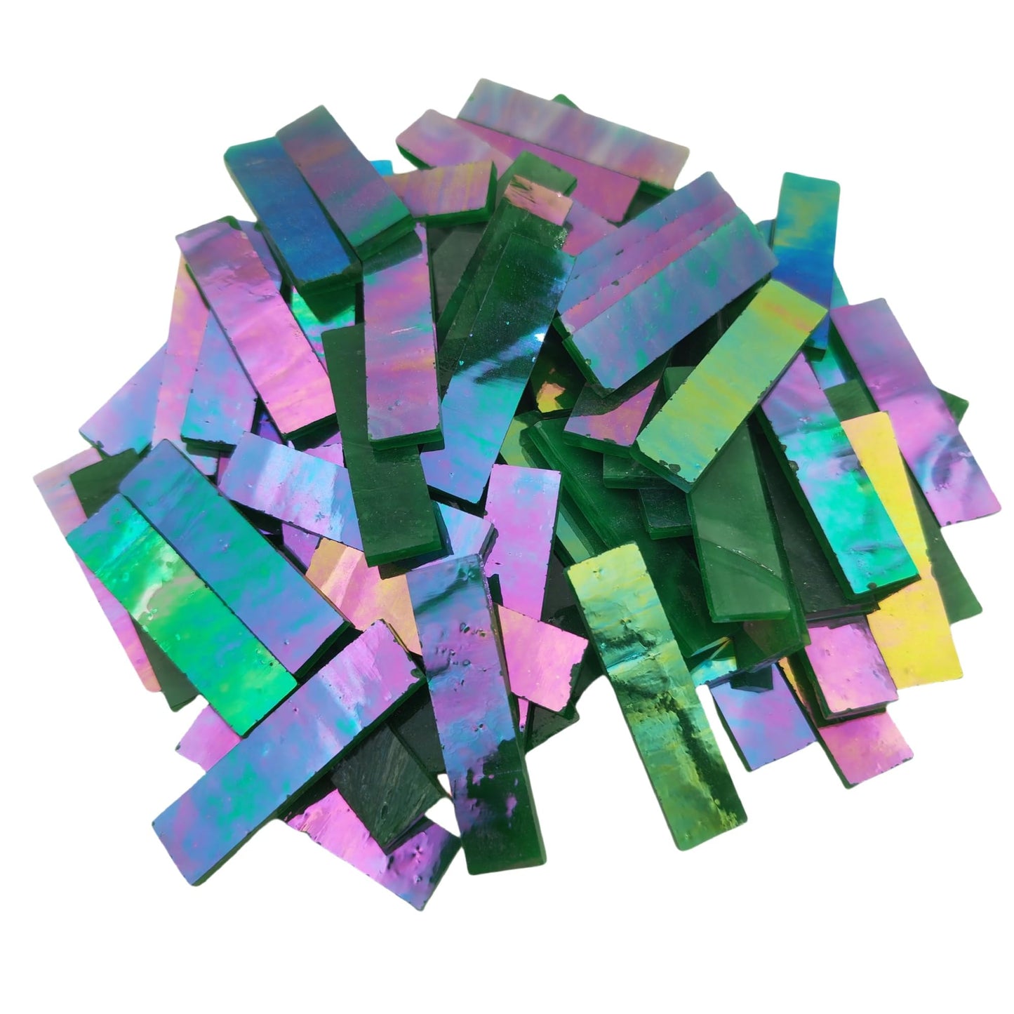 1.57" x 0.4" Rectangular Iridescent Stained Glass Strip, 7oz Glass Mosaic Tiles for DIY Crafts,Plates,Picture Frames,Flower Pots,Handmade Jewelry and More Mosaic Decorative (Iridescent Green)
